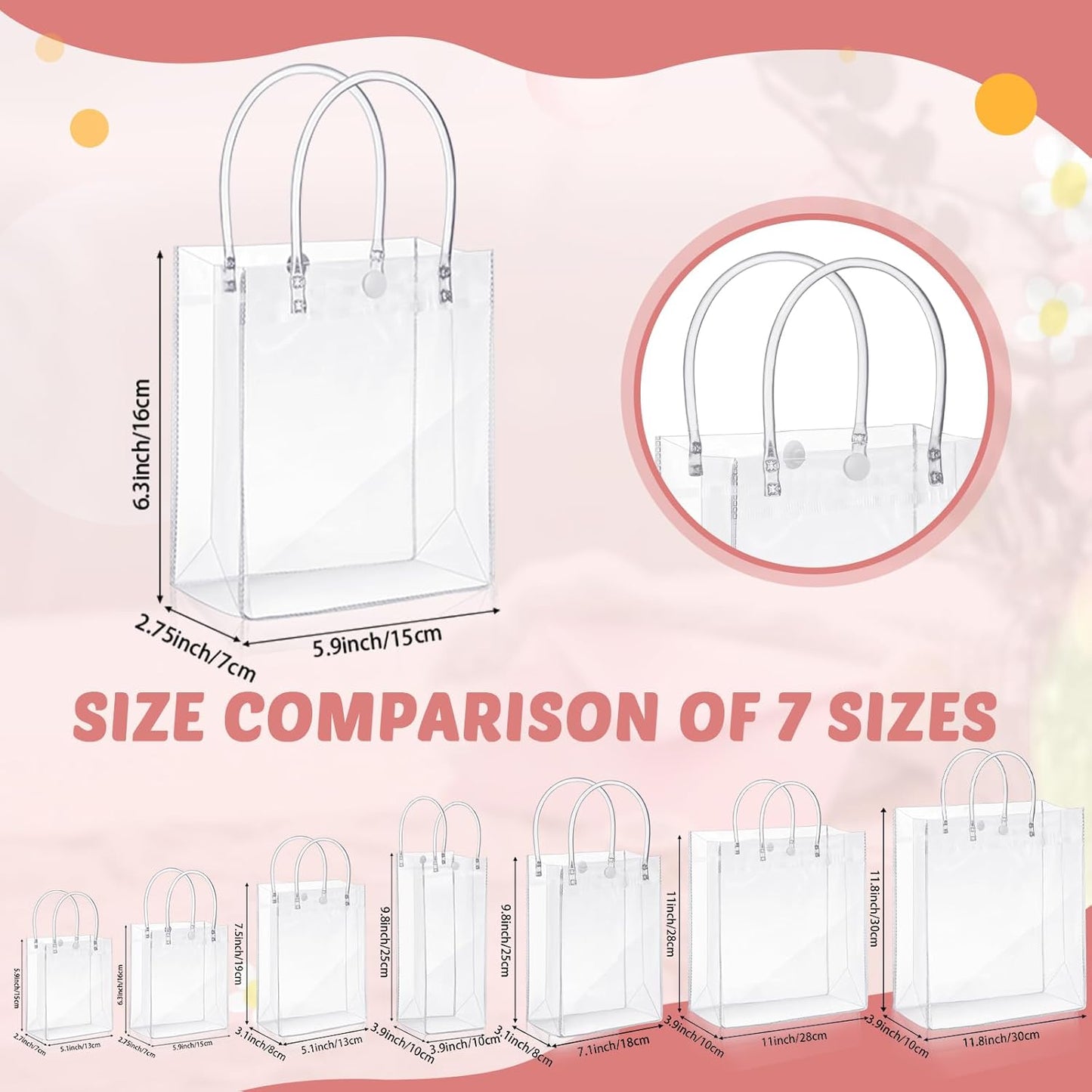 50pcs Clear Plastic Gift Bags with Handles PVC Reusable Transparent Totes Bags for Goodie Candy School Birthday Party(5.9 x 6.3 x 2.8 Inch)