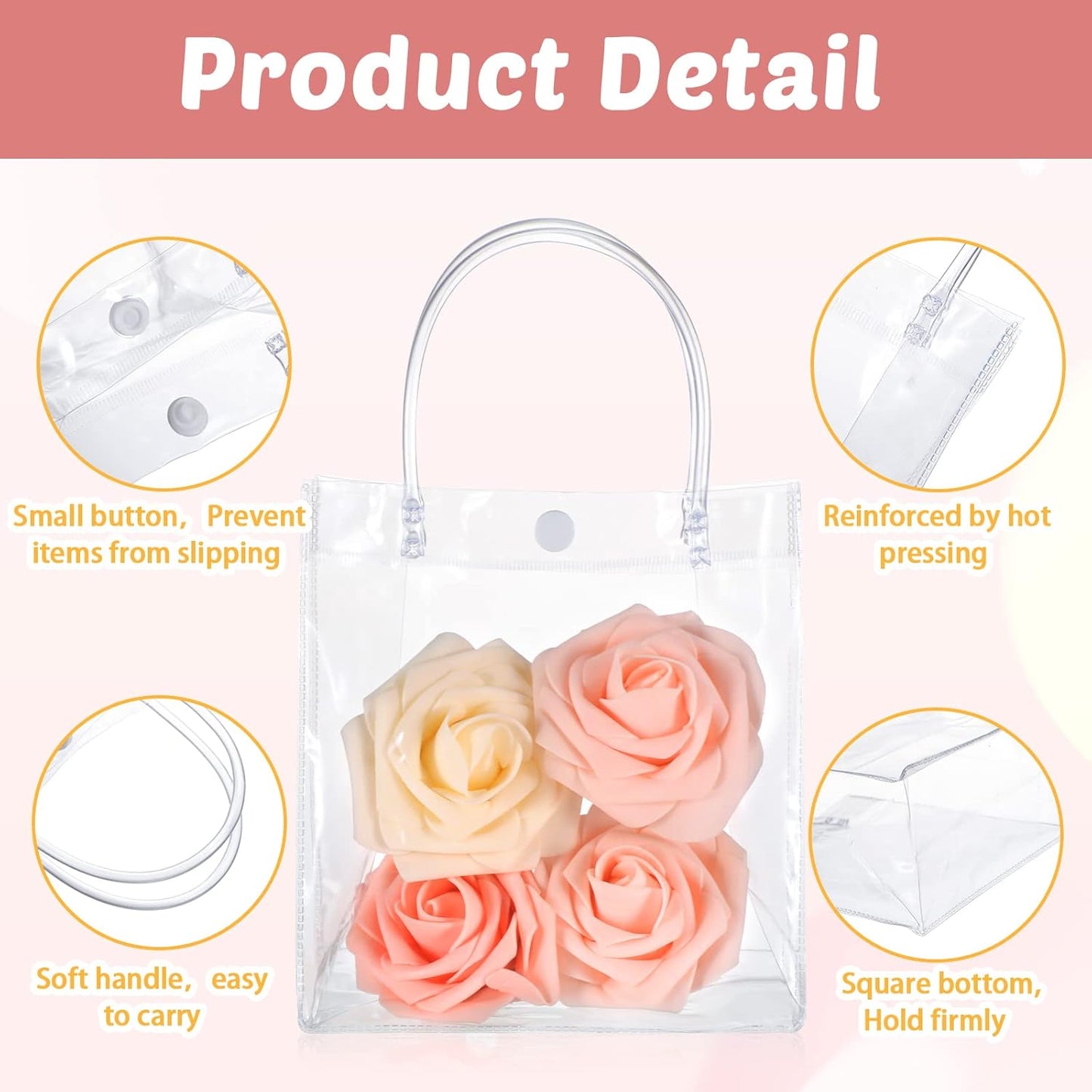 50pcs Clear Plastic Gift Bags with Handles PVC Reusable Transparent Totes Bags for Goodie Candy School Birthday Party(5.9 x 6.3 x 2.8 Inch)