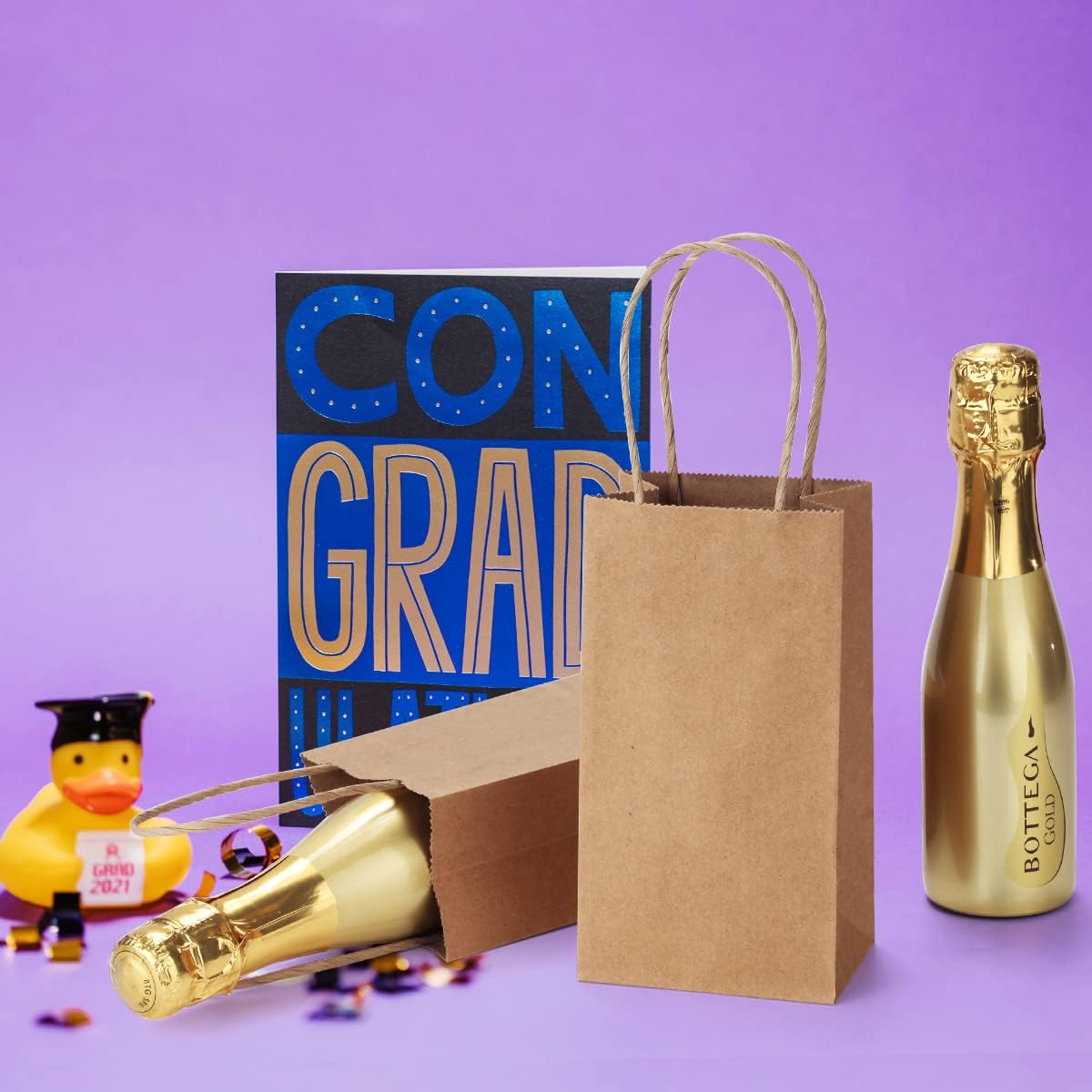100 Pack 3.5x2.4x6.7 Inches Mini Gift Party Favor Bags Small Brown Gift Bags with Handles Bulk Recyclable Kraft Paper Sacks