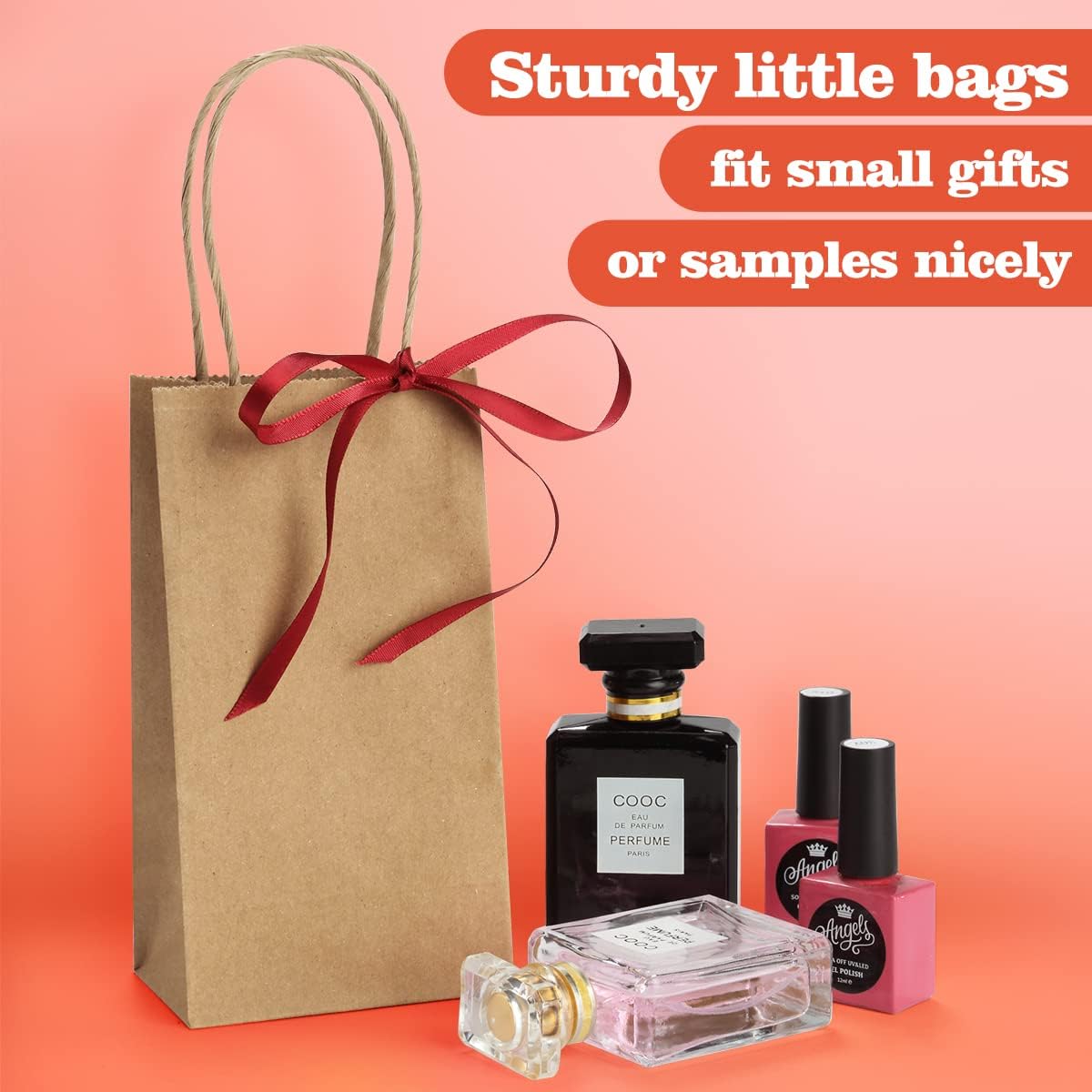 100 Pack 3.5x2.4x6.7 Inches Mini Gift Party Favor Bags Small Brown Gift Bags with Handles Bulk Recyclable Kraft Paper Sacks