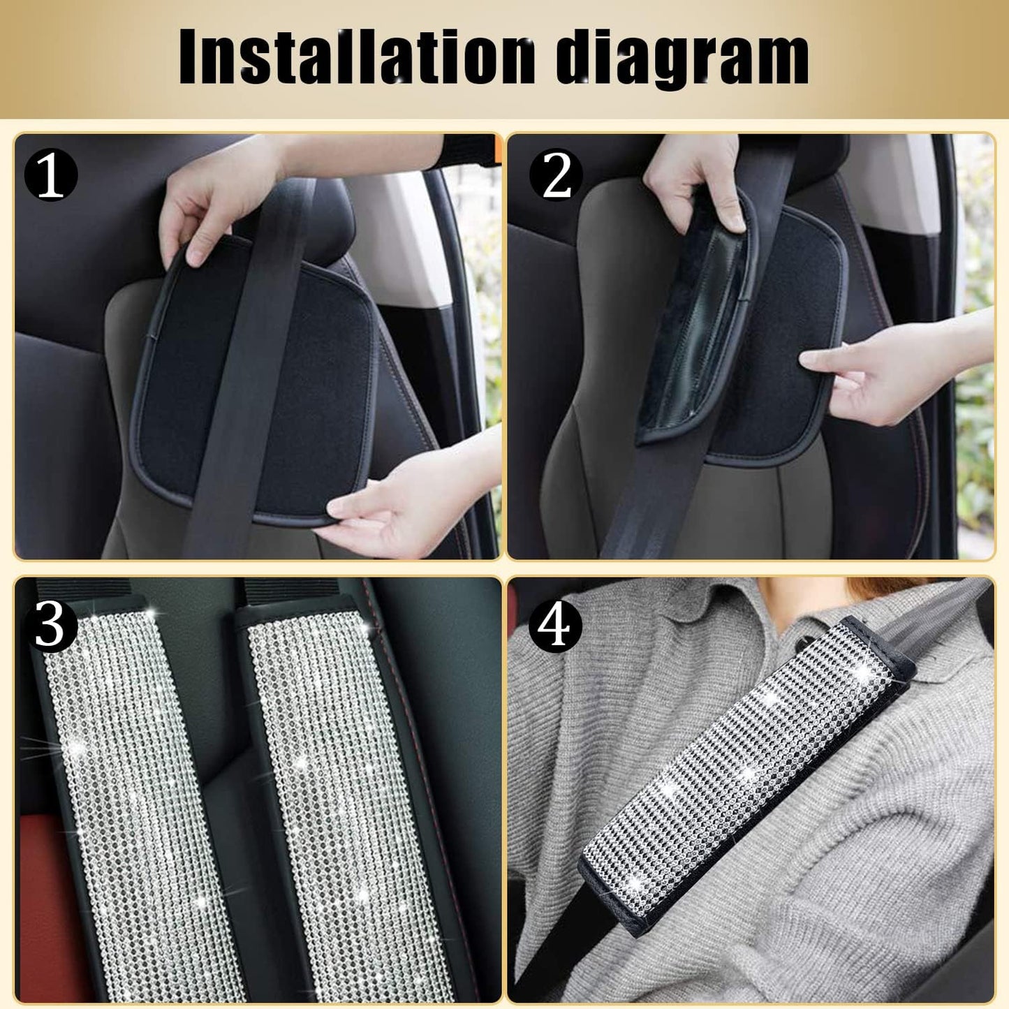 2-Pack Bling Seat Belt Covers,Bling Seat Belt Covers for Womens,Car Seat Belt Strap Cover Shoulder Pad,Universal Car Interior Accessories Fit for Car/Truck/SUV(Silver,2PC)