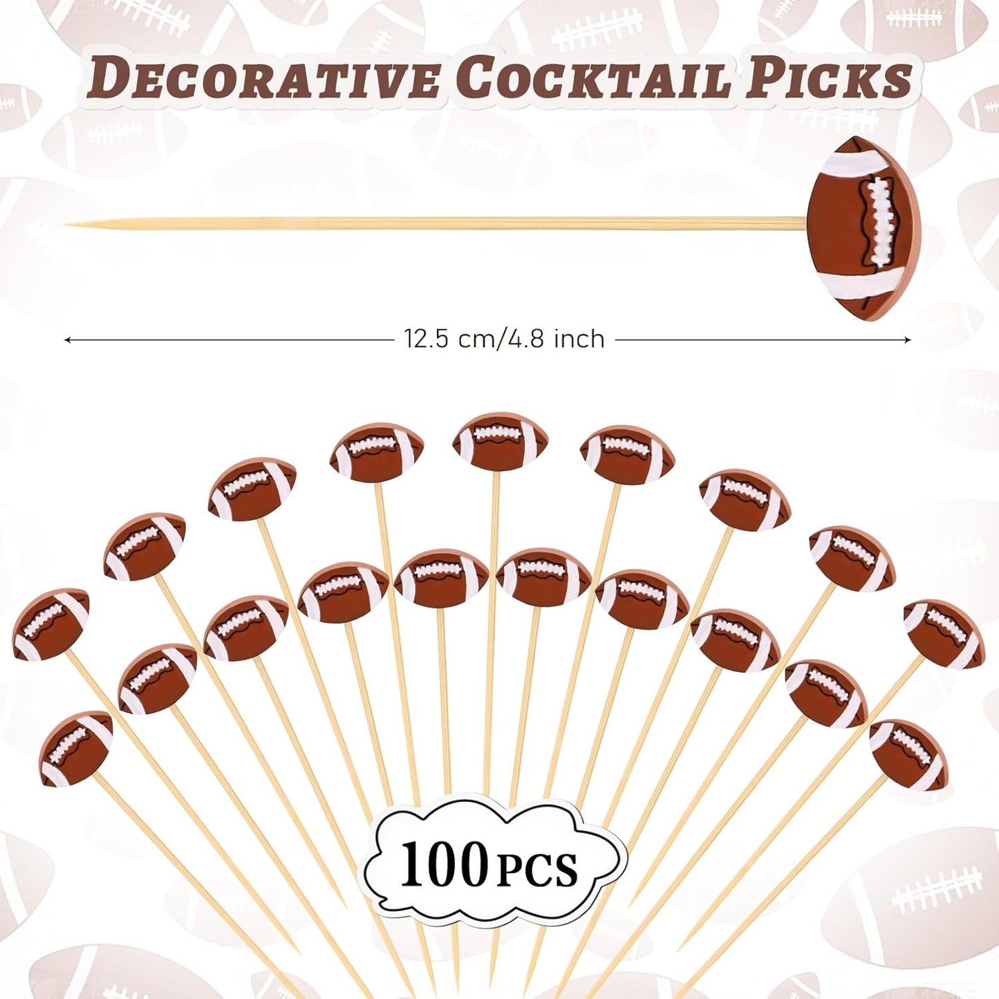 100 Pcs Football Toothpicks, 4.72 Inch Football Cocktail Picks for Appetizers, Long Bamboo Toothpicks, Decorative Toothpicks Skewers for Holiday Birthday Party Decorations (Football)