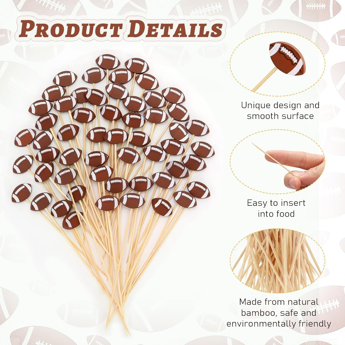 100 Pcs Football Toothpicks, 4.72 Inch Football Cocktail Picks for Appetizers, Long Bamboo Toothpicks, Decorative Toothpicks Skewers for Holiday Birthday Party Decorations (Football)