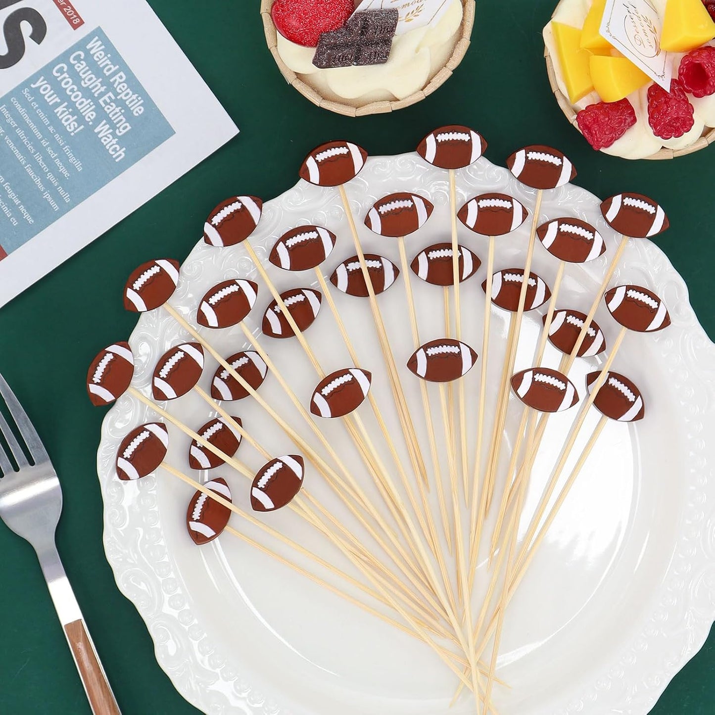 100 Pcs Football Toothpicks, 4.72 Inch Football Cocktail Picks for Appetizers, Long Bamboo Toothpicks, Decorative Toothpicks Skewers for Holiday Birthday Party Decorations (Football)