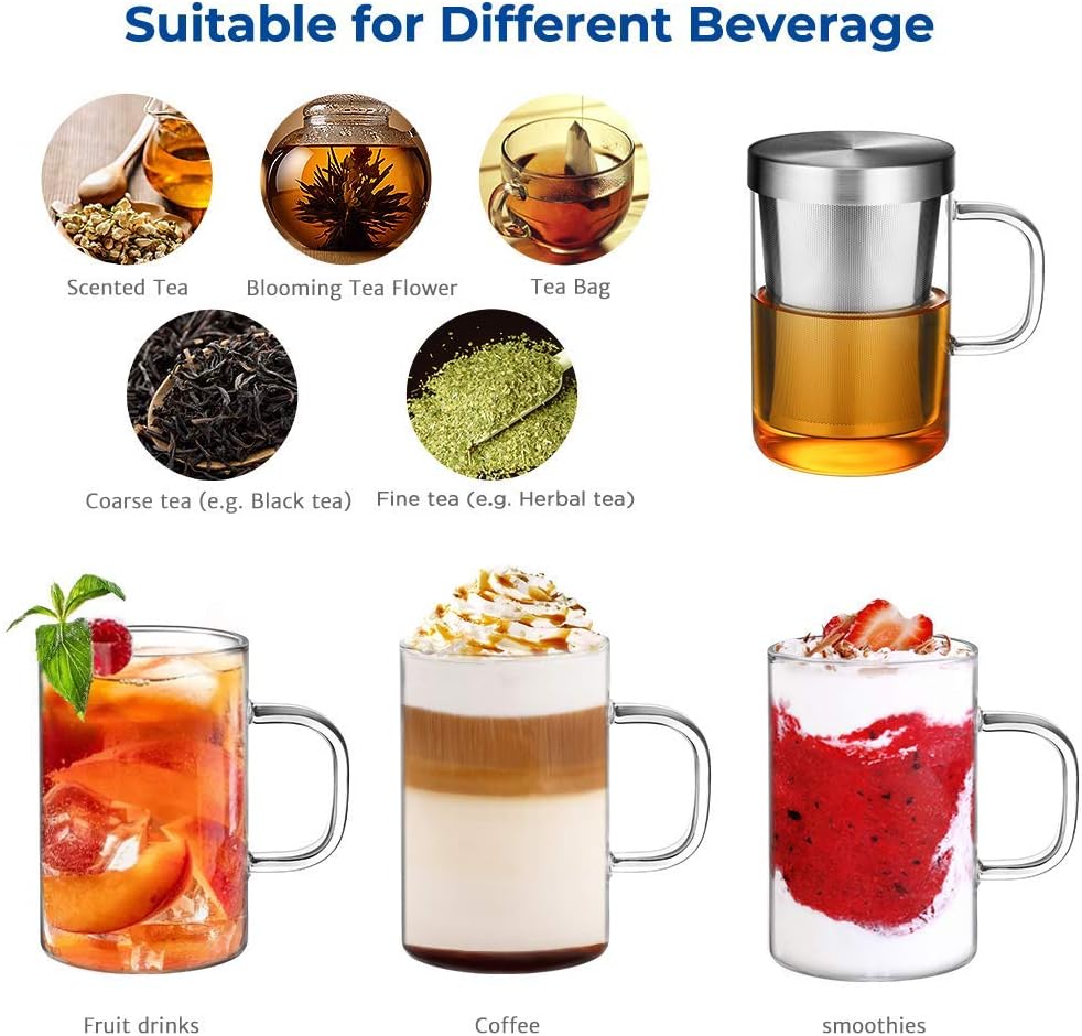 16.9 Oz Borosilicate Glass Tea Mug Cup Tea Glasses with Stainless Steel Infuser & Lid, Loose Leaf Glass Tea Cup Teacup 430mL(Use Capacity)