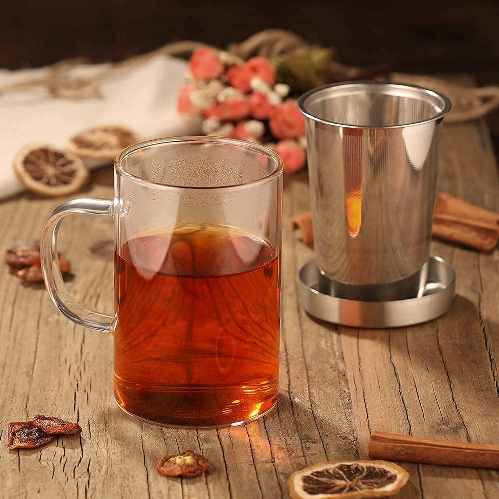 16.9 Oz Borosilicate Glass Tea Mug Cup Tea Glasses with Stainless Steel Infuser & Lid, Loose Leaf Glass Tea Cup Teacup 430mL(Use Capacity)