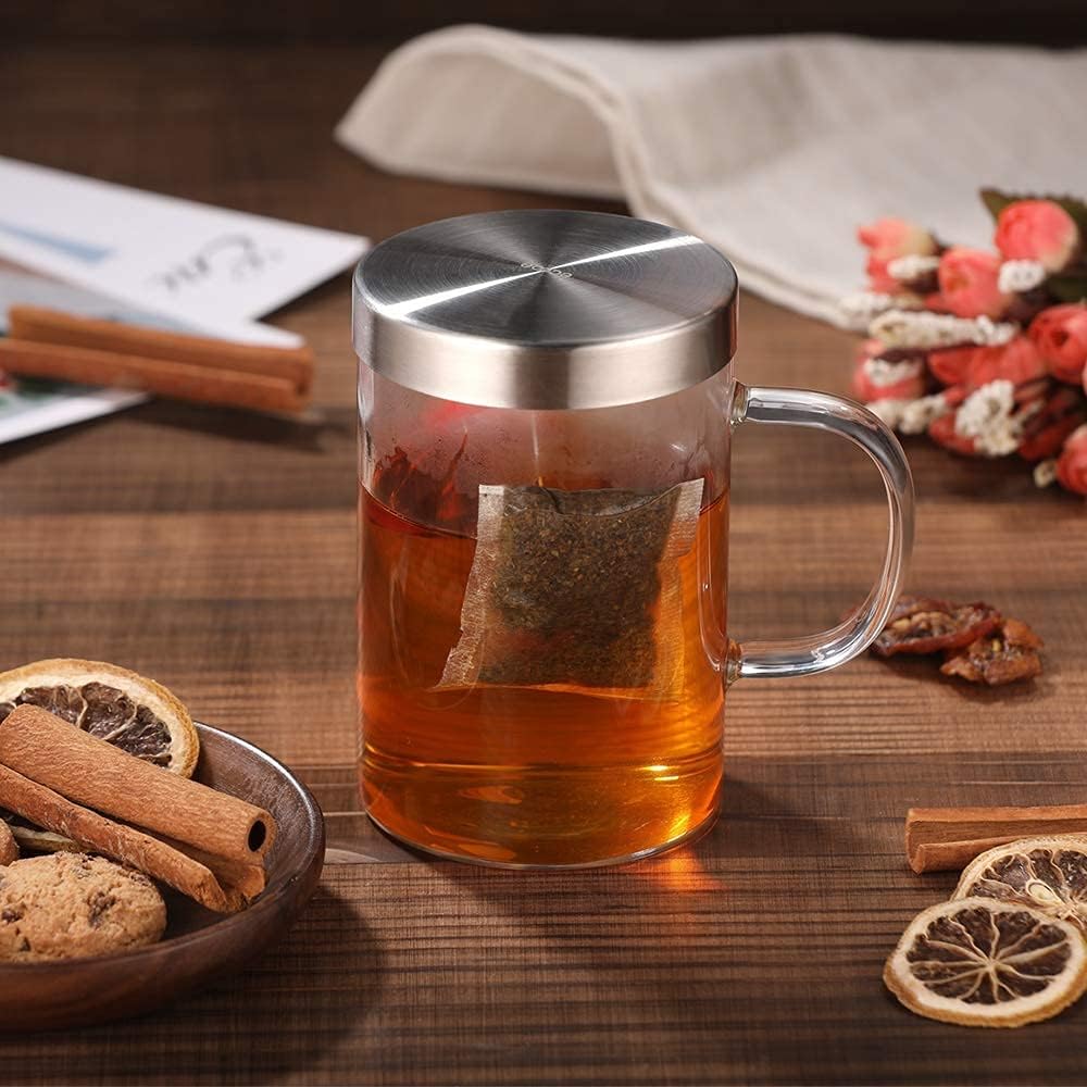 16.9 Oz Borosilicate Glass Tea Mug Cup Tea Glasses with Stainless Steel Infuser & Lid, Loose Leaf Glass Tea Cup Teacup 430mL(Use Capacity)