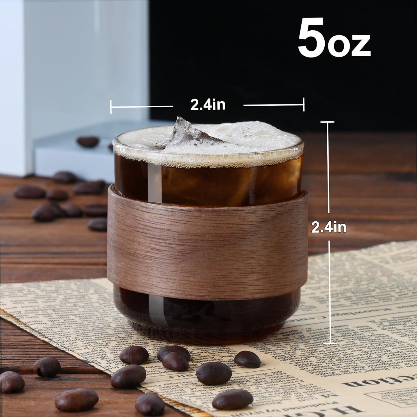 Espresso Cups Set of 2 with Wooden Ring, 5 OZ High Borosilicate Espresso Shot Glass, Clear Small Expresso Shots Cup, Espresso Accessories