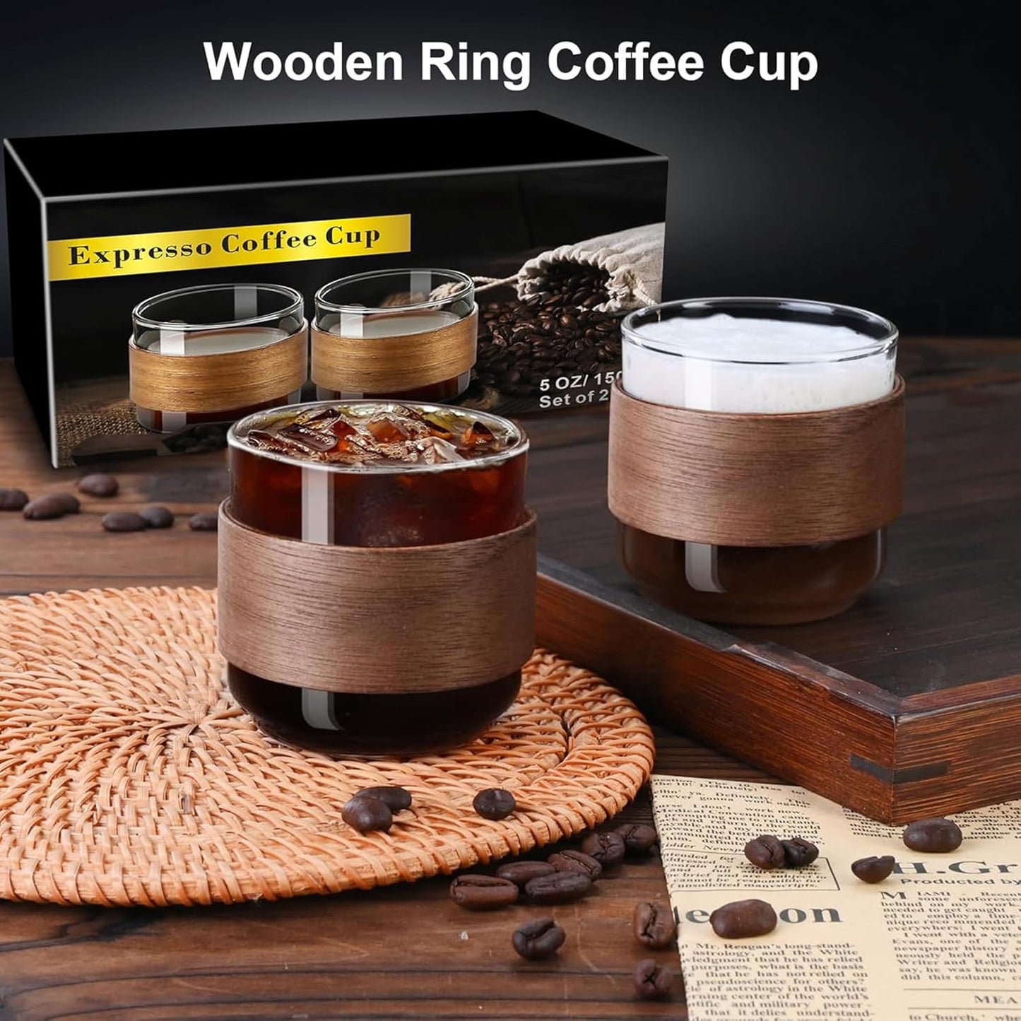 Espresso Cups Set of 2 with Wooden Ring, 5 OZ High Borosilicate Espresso Shot Glass, Clear Small Expresso Shots Cup, Espresso Accessories
