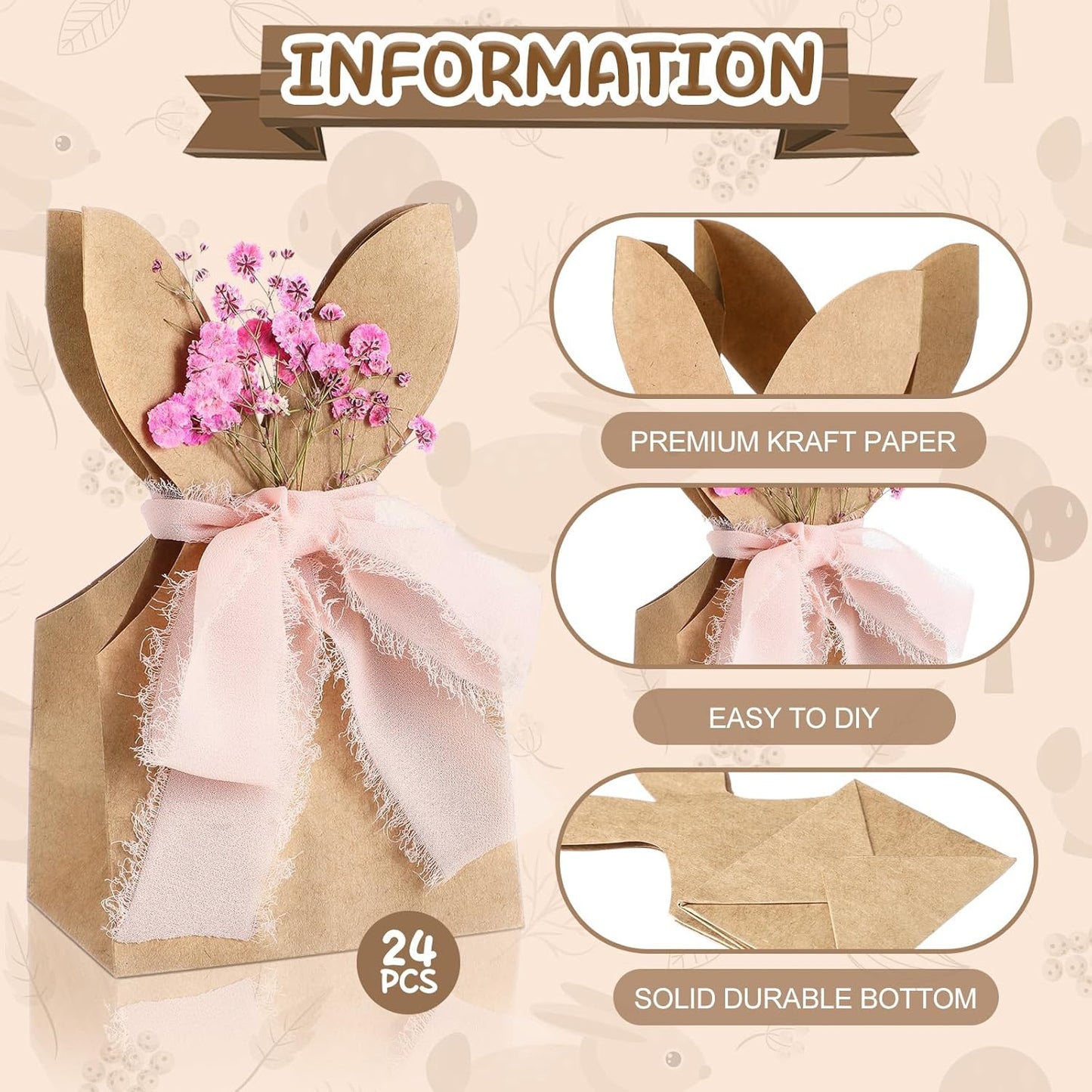 24 Set Boho Bow Easter Bunny Party Favor Bags DIY Bunny Gift Boxes with Neutral Bow Ribbon and Dried Flowers Rustic Paper Rabbit Ears Treat Bags Bulk for Easter Spring (Neutral Pastel)