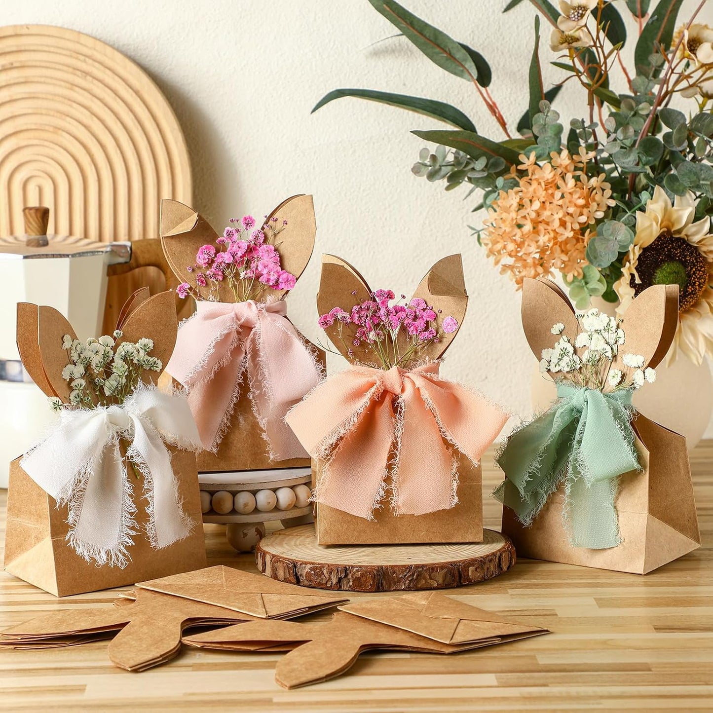 24 Set Boho Bow Easter Bunny Party Favor Bags DIY Bunny Gift Boxes with Neutral Bow Ribbon and Dried Flowers Rustic Paper Rabbit Ears Treat Bags Bulk for Easter Spring (Neutral Pastel)
