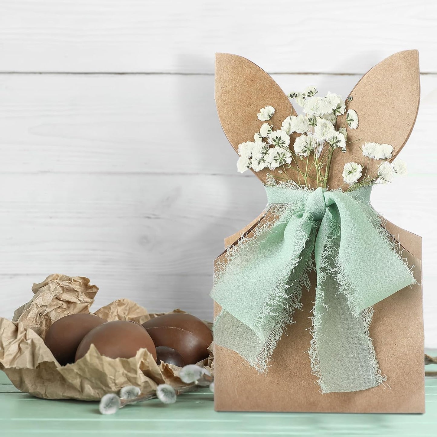 24 Set Boho Bow Easter Bunny Party Favor Bags DIY Bunny Gift Boxes with Neutral Bow Ribbon and Dried Flowers Rustic Paper Rabbit Ears Treat Bags Bulk for Easter Spring (Neutral Pastel)