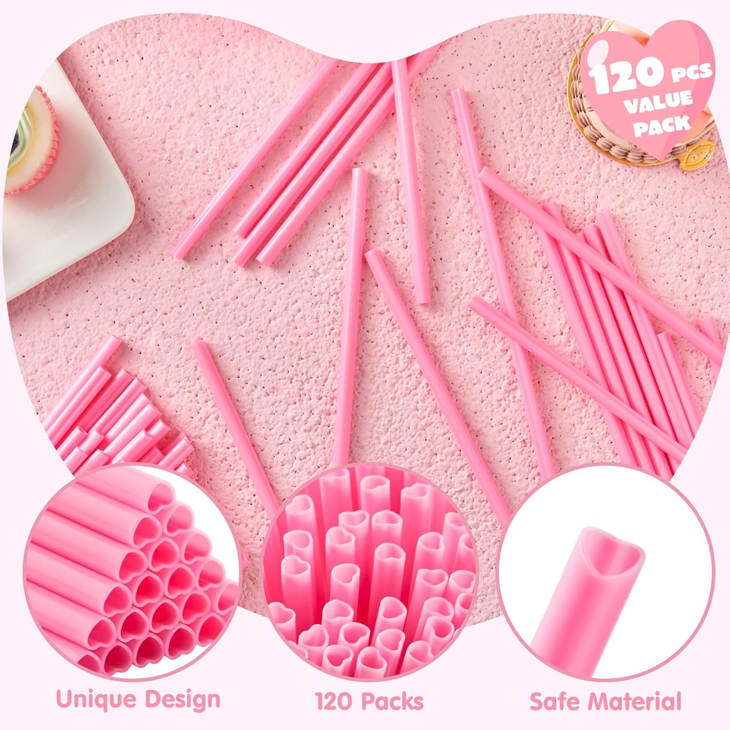 120 PCS Valentine Heart Shaped Pink Straws, Reusable Drinking Cute Straw for Valentine's day Cocktail, Birthday Party, Bridal Shower, Wedding Supplies, Valentine Party