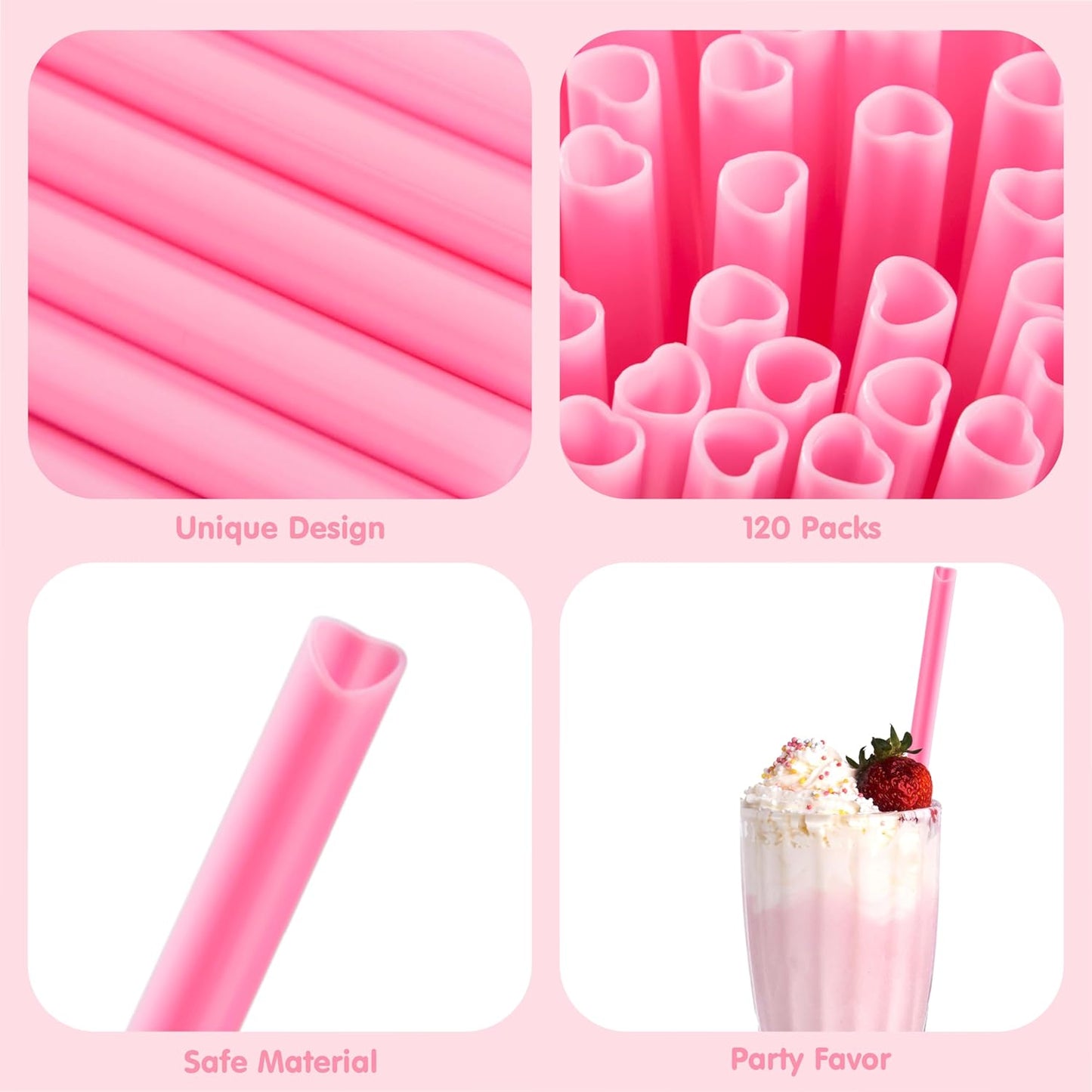 120 PCS Valentine Heart Shaped Pink Straws, Reusable Drinking Cute Straw for Valentine's day Cocktail, Birthday Party, Bridal Shower, Wedding Supplies, Valentine Party