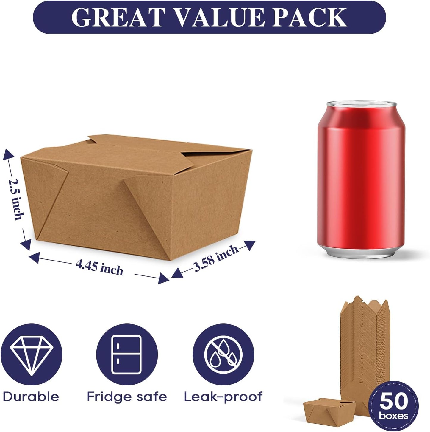 50 Pack 27 oz Take Out Food Containers, Kraft Brown Take Out Boxes Leak Grease Resistant and Stackable for Restaurants, Homes, Offices, Picnics