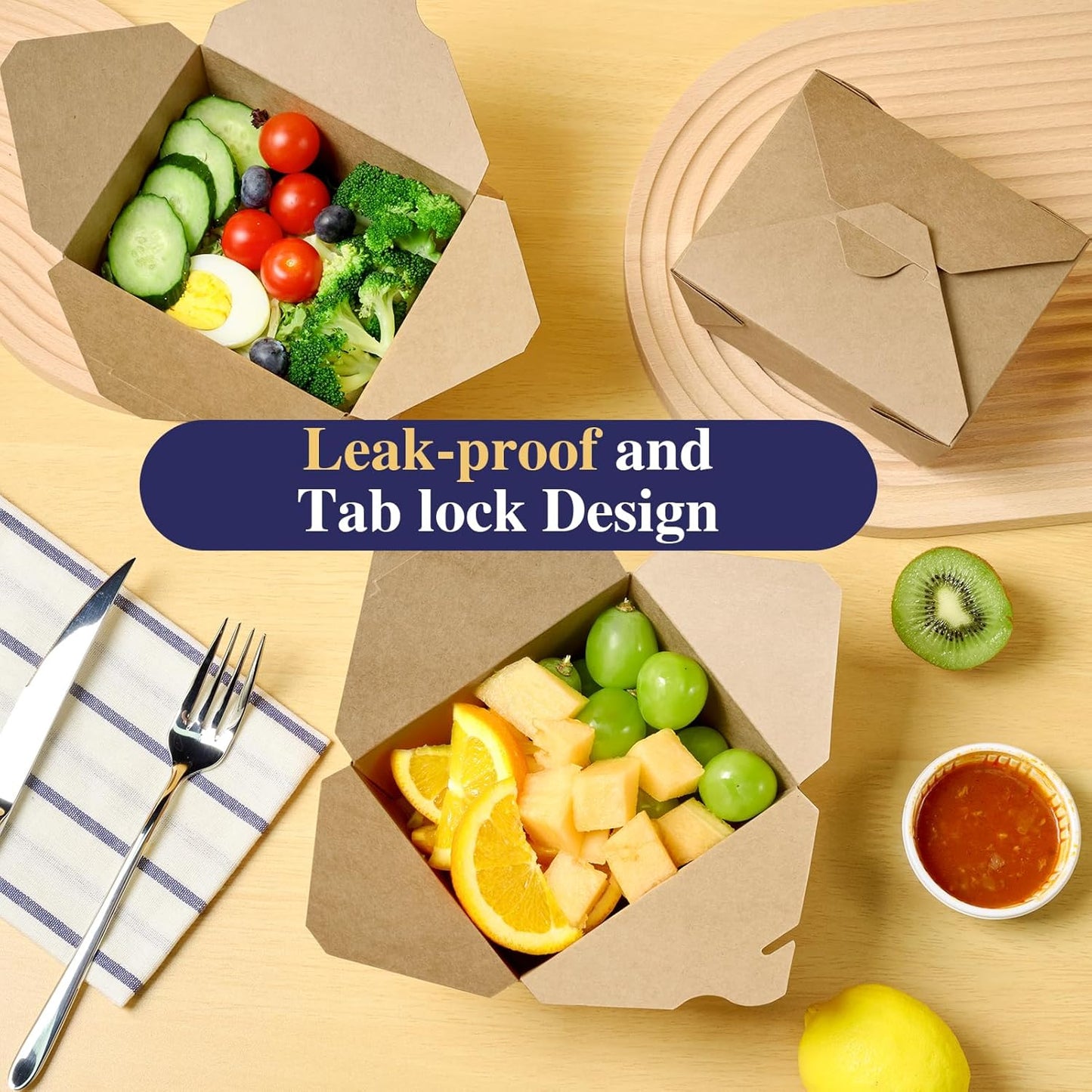 50 Pack 27 oz Take Out Food Containers, Kraft Brown Take Out Boxes Leak Grease Resistant and Stackable for Restaurants, Homes, Offices, Picnics