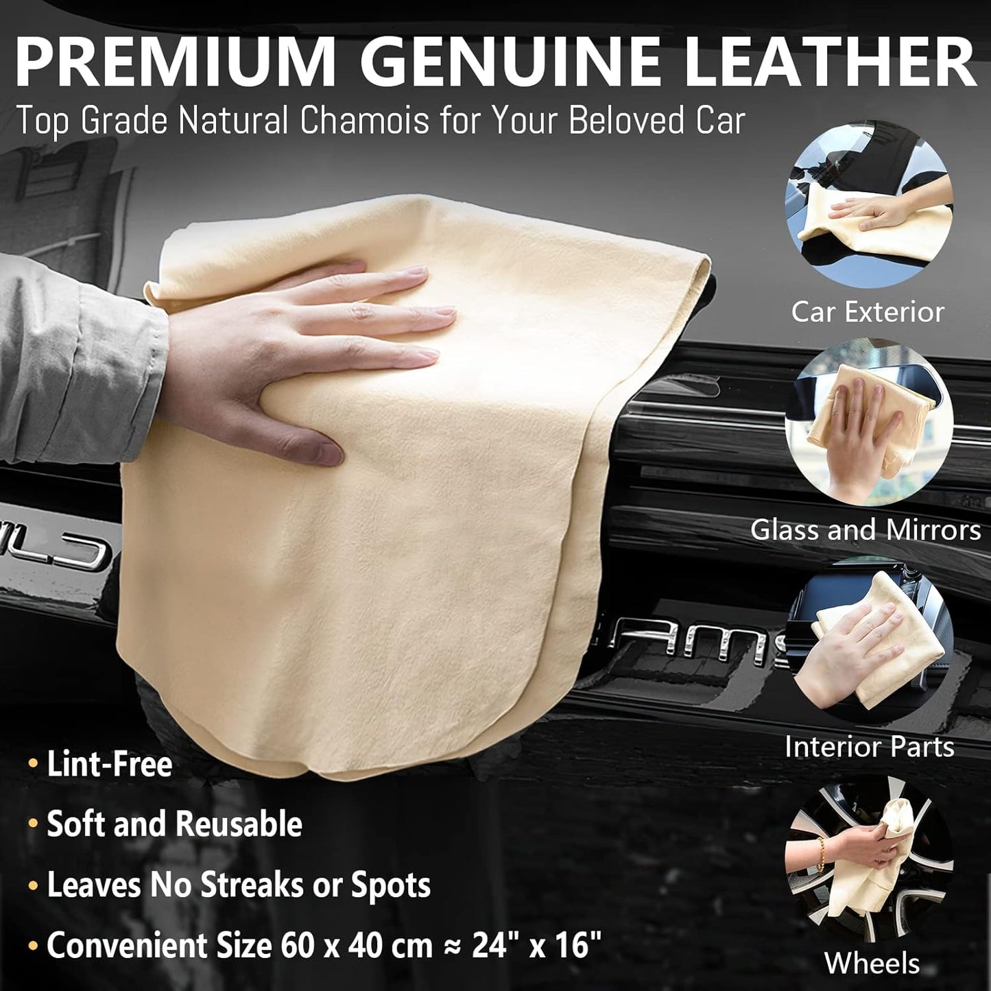 Chamois Cloth for Car 2 Pack Shammy Towel 24'' x 16'' (2.58 sq ft Each) Super Absorbent Car Drying Towel Real Leather Lint Free Streak Free for Car Wash Auto Deng