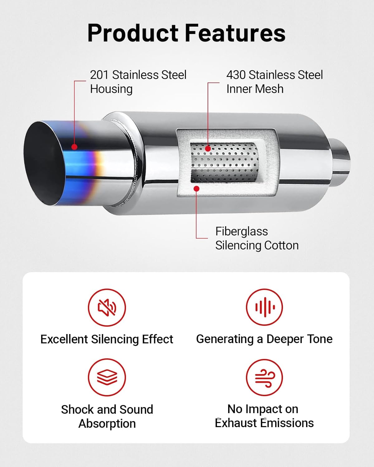 Exhaust Muffler, Stainless Steel Exhaust Tip, Universal 14.6" Length (Burnt, 2" Inlet 3" Outlet)