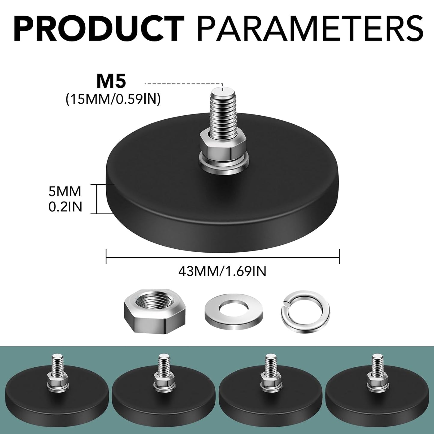 16Pack Rubber Coated Magnets, 30LBS Rubber Coated Neodymium Magnets with M5 Magnetic Assembly Base for Light Bar Mirror Camera Tool(1.69 Inch)