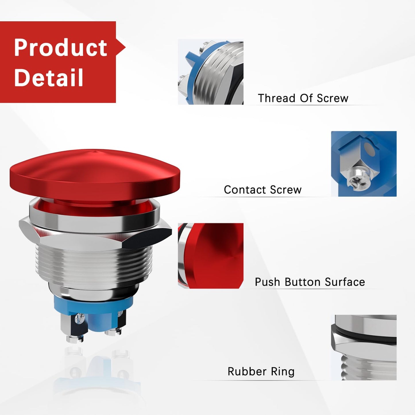 22MM Mushroom Head Push Button Switch Momentary Push Button IP65 Waterproof 12V 24V 36 DC 110V 250V AC 5A SPST(22mm, Red)