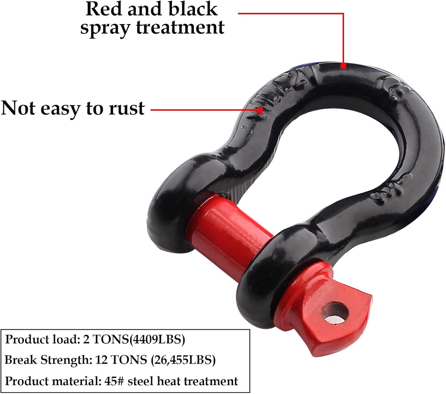 2Pcs 1/2 Inch D Ring Shackle, D Shackle Rugged 12 Ton(26,455 lbs) Maximum Break Strength, 2 Ton (4409 Lbs) Capacity (Pack of 2)