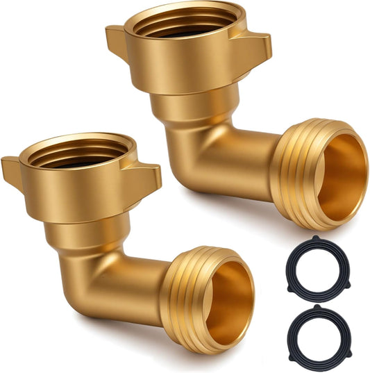 90-Degree Hose Elbow for RVs with Easy Grip Connector - 3/4" Solid Brass 90-Degree Hose Fitting Elbow for RV Water Hoses, Residential Outdoor Faucets, and More (2 Pack)