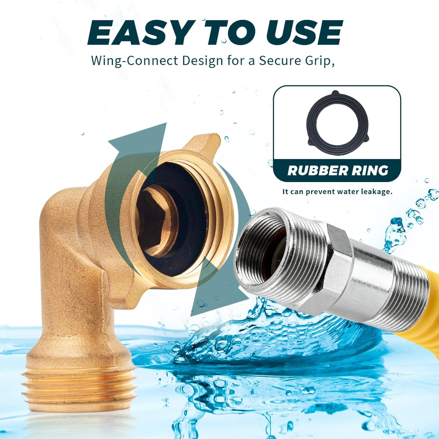 90-Degree Hose Elbow for RVs with Easy Grip Connector - 3/4" Solid Brass 90-Degree Hose Fitting Elbow for RV Water Hoses, Residential Outdoor Faucets, and More (2 Pack)