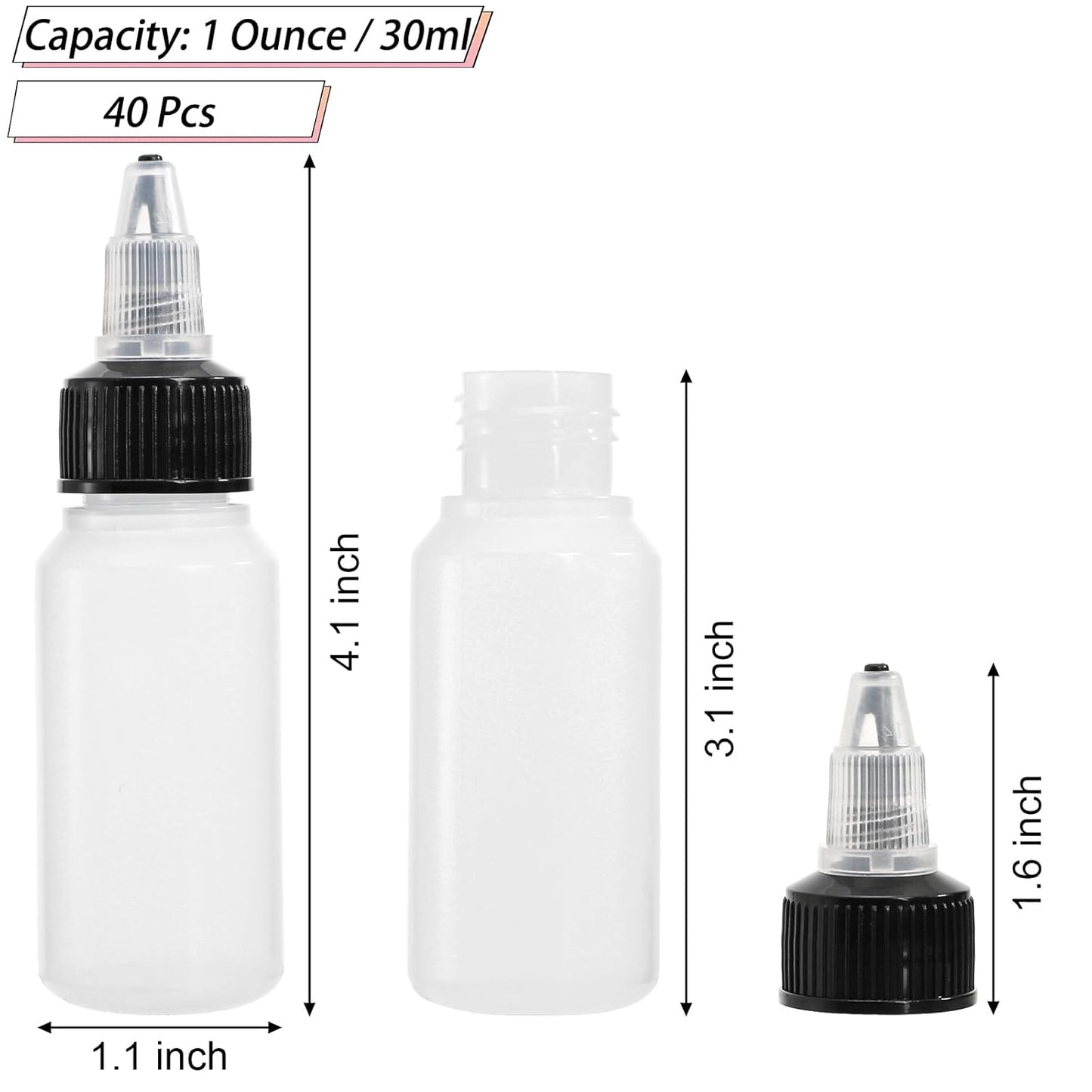 40 Pack 1oz Dispensing Bottles, Boston Round HDPE Plastic Bottle with Twist Top Cap, Empty Plastic Squeeze Bottle