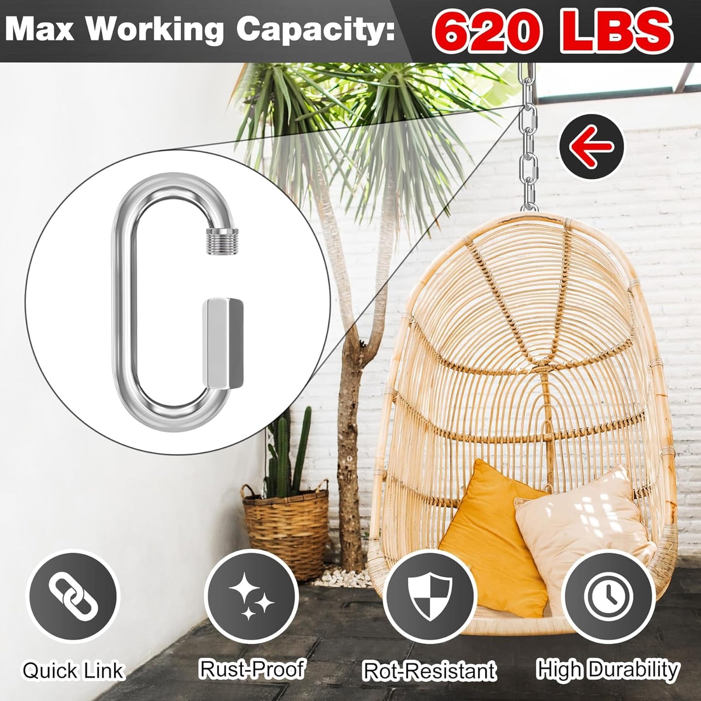 M6-50 Pack 2.3” Quick Links Chain Connectors, 1/4″ Galvanized Chain Locking Hooks, 620LBS Heavy Duty Thread Quick Link Clips, Twist Oval Keychain D Shape for Swing, Backpack, Key Ring