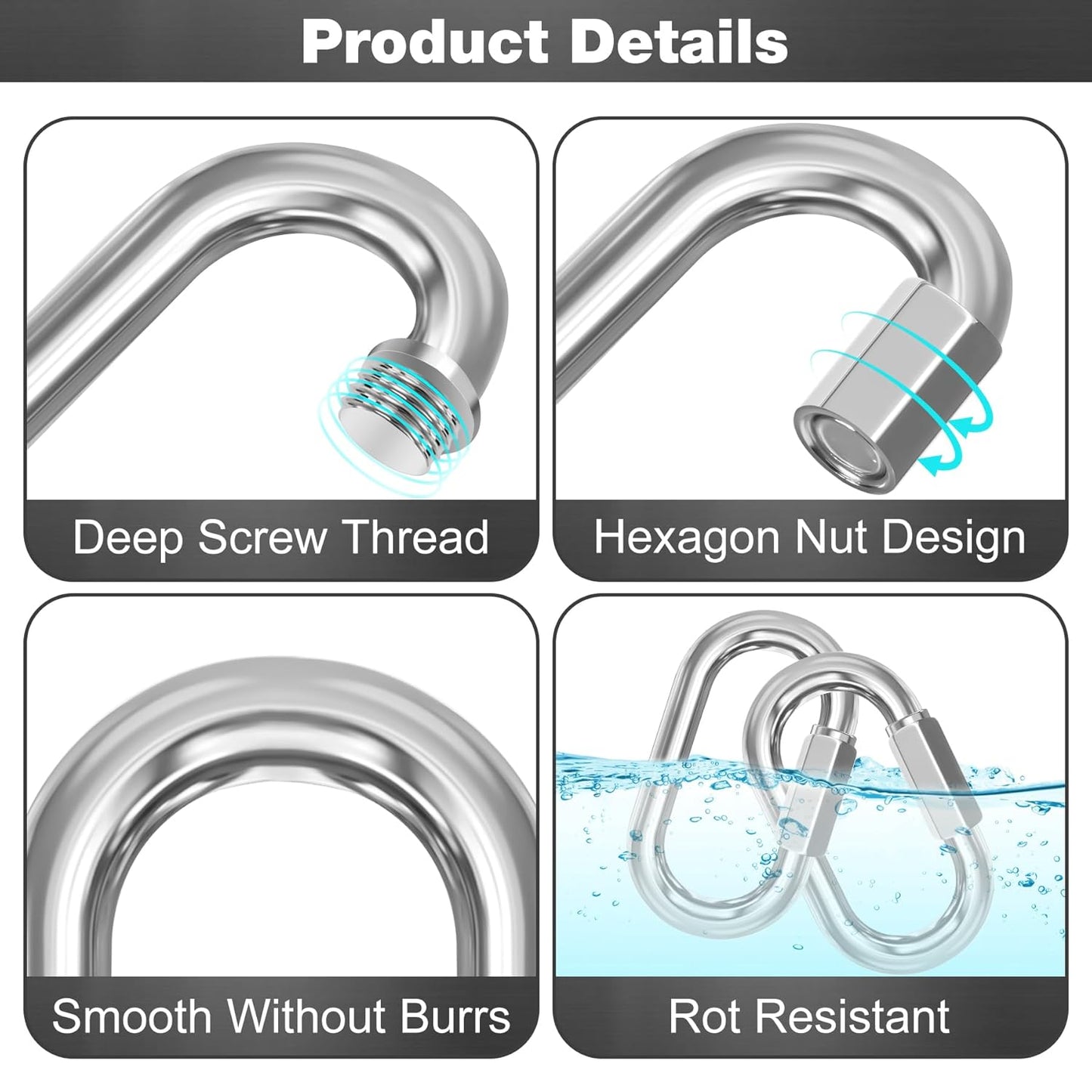 M6-50 Pack 2.3” Quick Links Chain Connectors, 1/4″ Galvanized Chain Locking Hooks, 620LBS Heavy Duty Thread Quick Link Clips, Twist Oval Keychain D Shape for Swing, Backpack, Key Ring