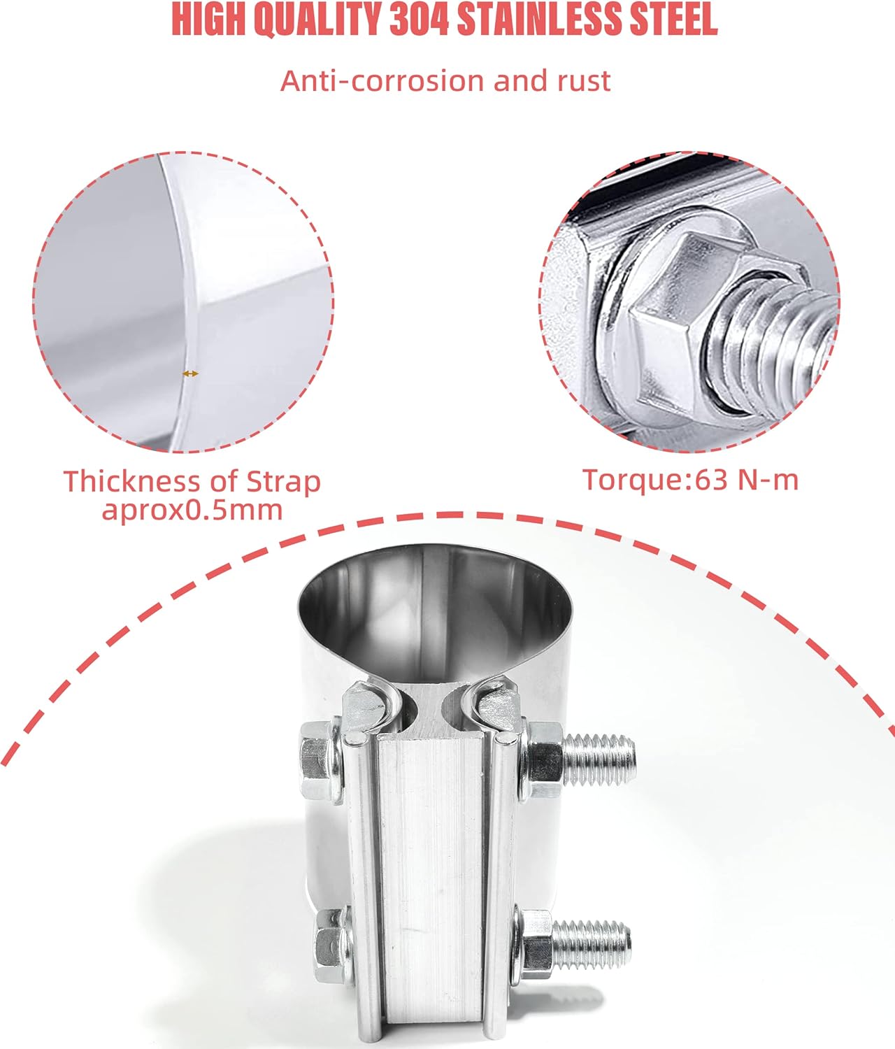 Zlirfy Stainless Steel Exhaust Clamp Band, Universal Widening Butt Joint Clamp, Fit for 2.5" Exhaust Pipe