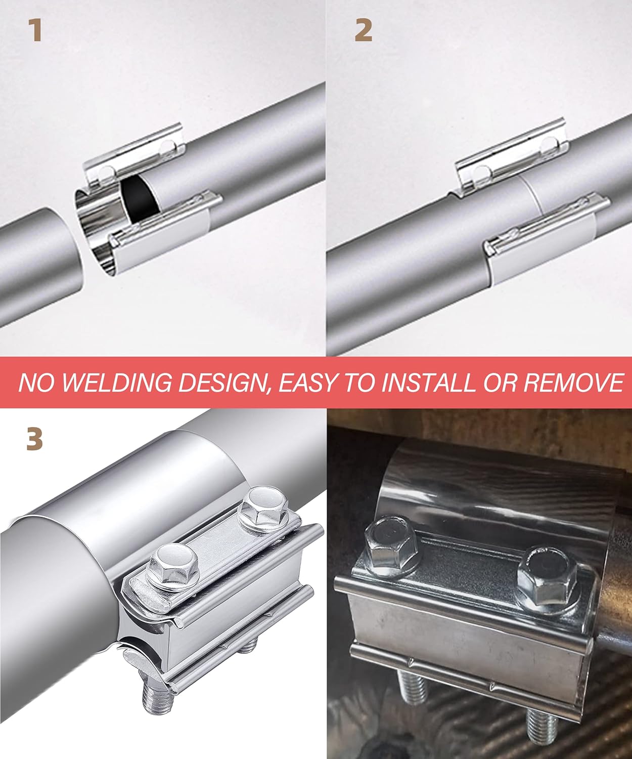 Zlirfy Stainless Steel Exhaust Clamp Band, Universal Widening Butt Joint Clamp, Fit for 2.5" Exhaust Pipe