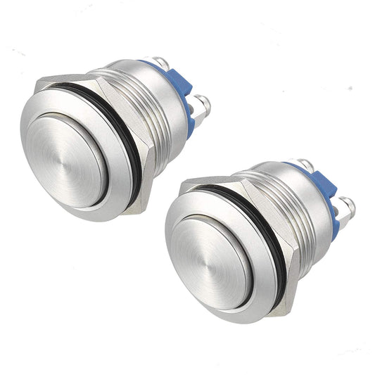 19mm Momentary Push Button Switch High Round Cap Waterproof Stainless Steel Metal High Flush Screw Terminals 250V 5A 1NO SPST (Pack of 2)