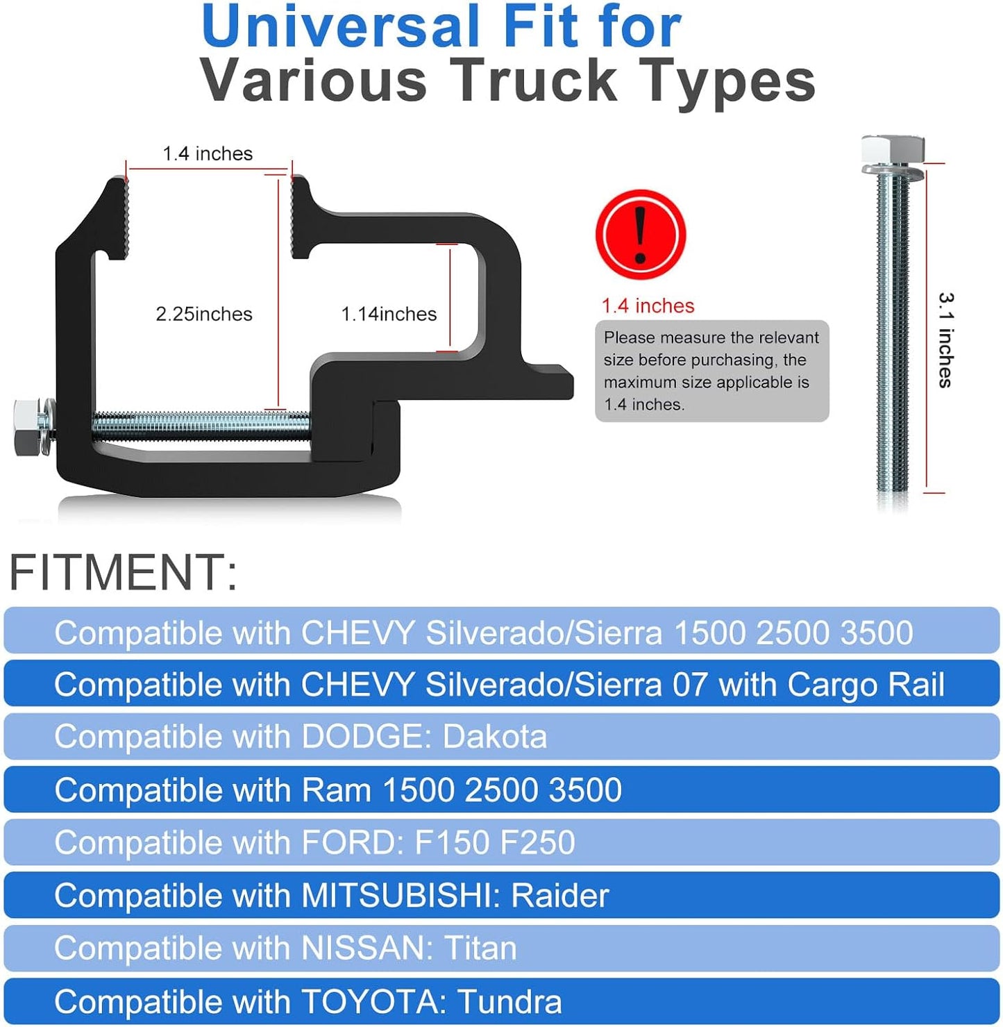 Heavy Duty Camper Shell Clamps - Truck Topper Ladder Rack Clamps for Dodge Dakota Ram 1500 2500 3500, F150 F250, Titan, Tundra (4 Pack)