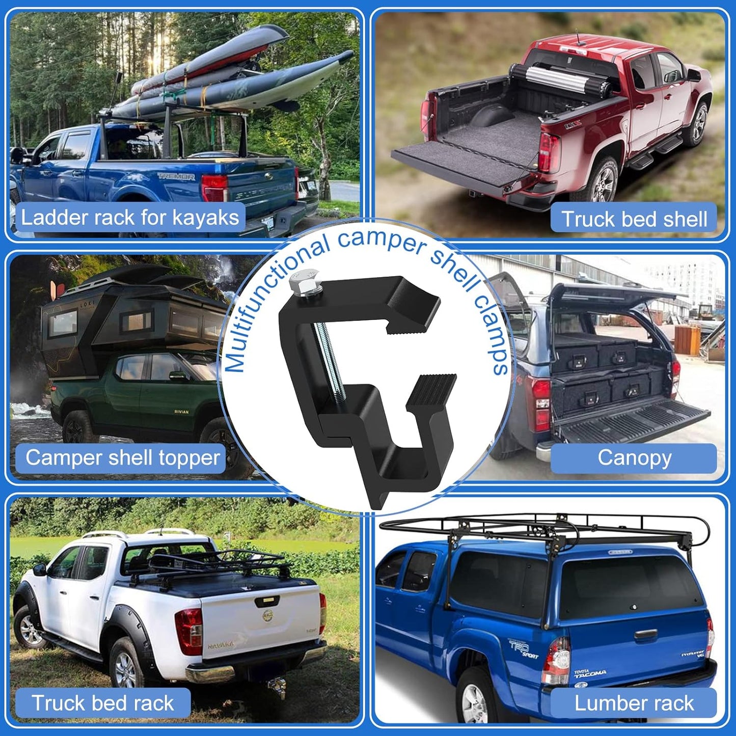 Heavy Duty Camper Shell Clamps - Truck Topper Ladder Rack Clamps for Dodge Dakota Ram 1500 2500 3500, F150 F250, Titan, Tundra (4 Pack)