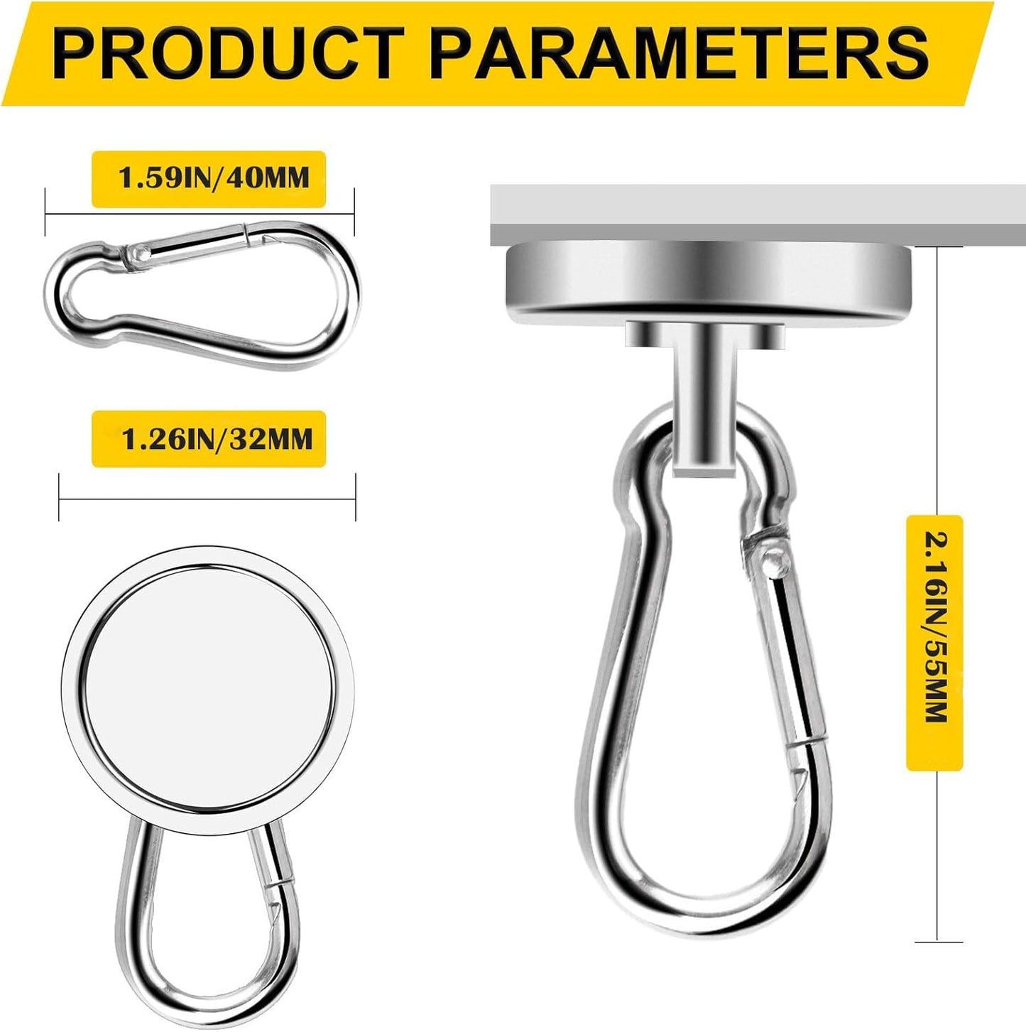Magnetic Hooks, 110LBS Strong Heavy Duty Neodymium Magnet Hooks with Swivel Carabiner Hook,Great for Your Refrigerator and Other Magnetic Surfaces, Pack of 7