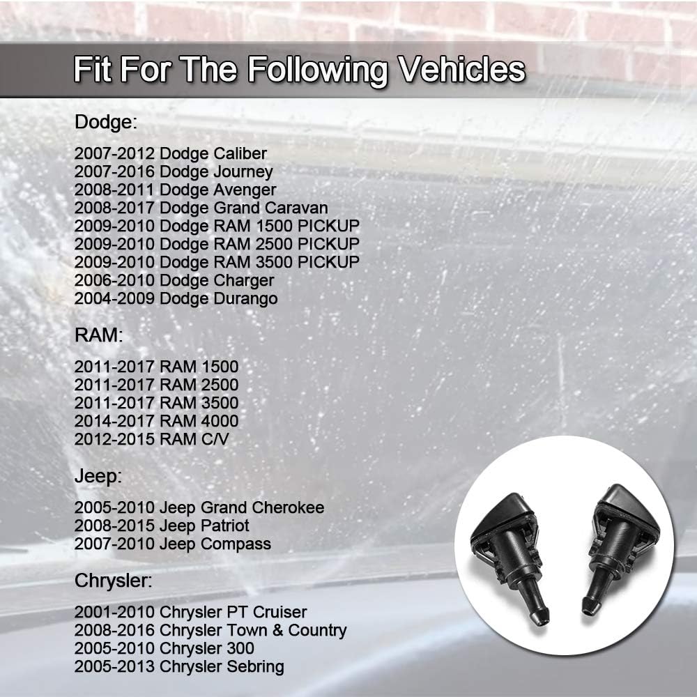 Front Windshield Washer Nozzles Wiper Spray Kit- For: Dodge, Ram, Jeep - Replaces OEM #: 4805742AB, 5116079AA