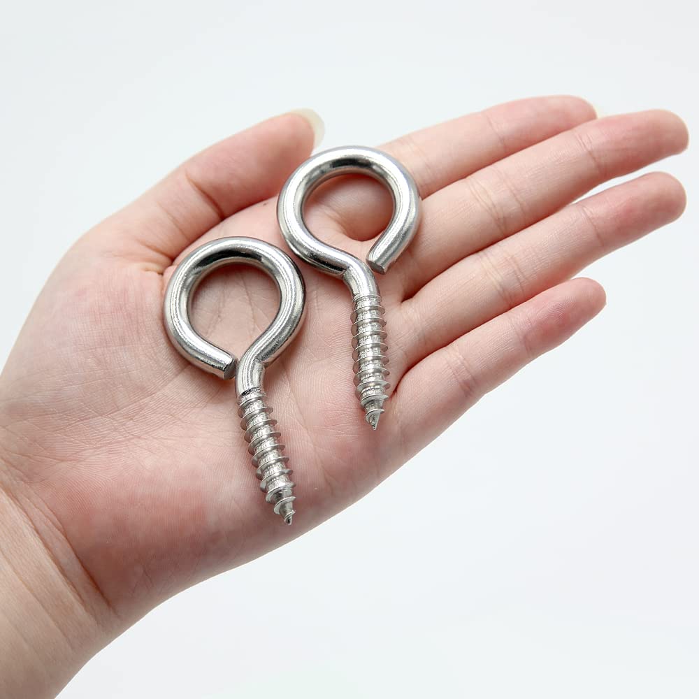6 Pcs M6 304 Stainless Steel Screw Eye Hooks, 2-1/2 Inches Eyes Screw Hooks,Heavy Duty Screw Eye Bolt,Load Bearing 200LB,Indoor & Outdoor Use