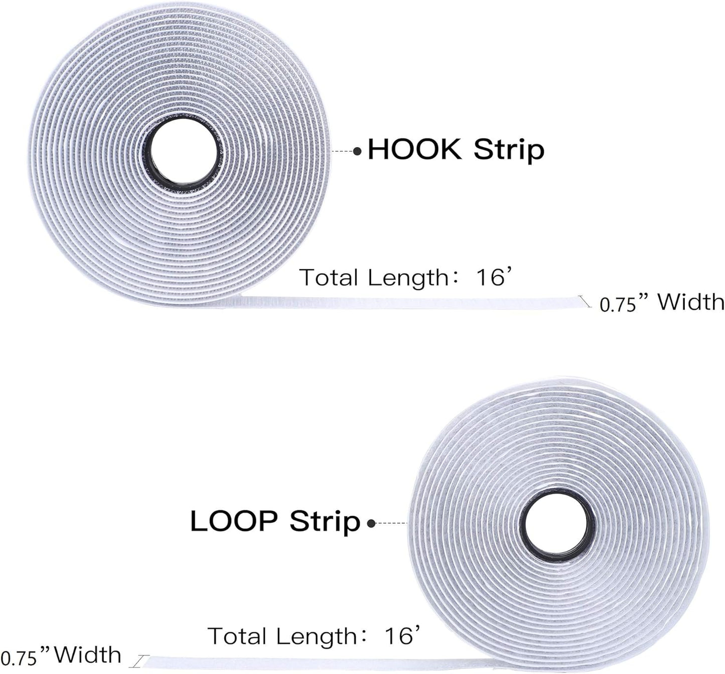 16 Feet Length 0.75 Inches Width Hook and Loop with Strong Self Adhesive Interlocking Strip, Mounting Tape Heavy Duty Adhesion Fastener (White)