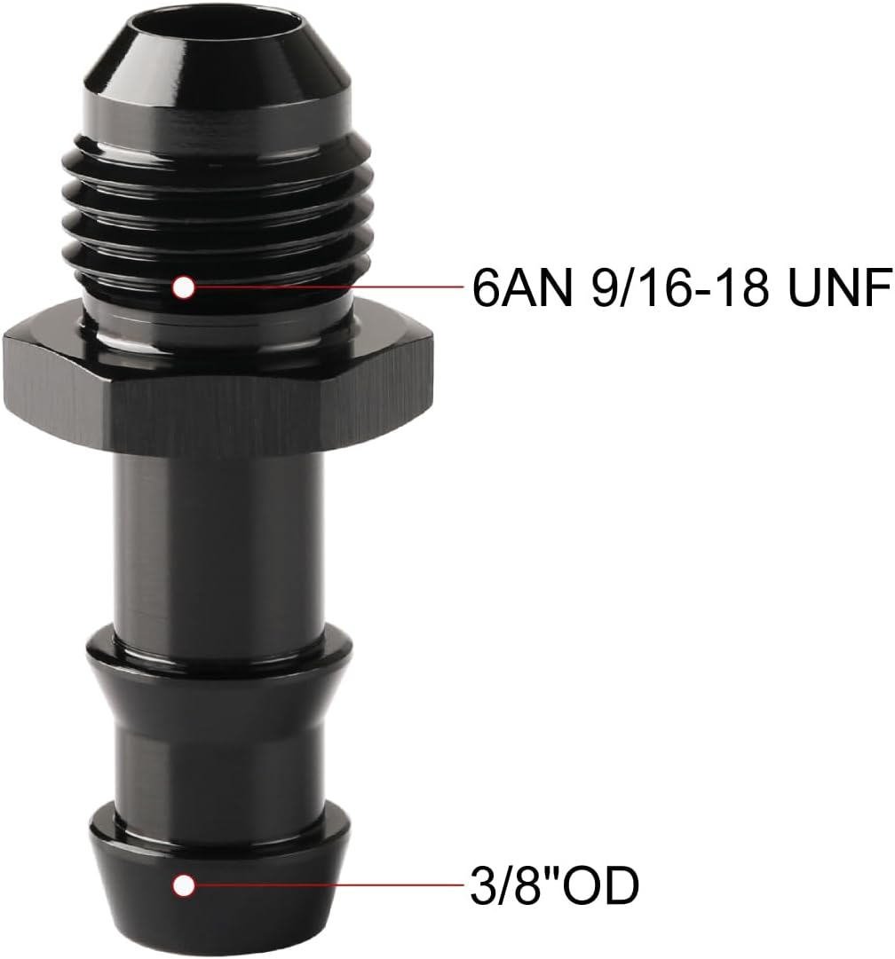 6AN Male Flare to 3/8 Hose Barb Straight Fitting Adapter Aluminum Black 2PCS