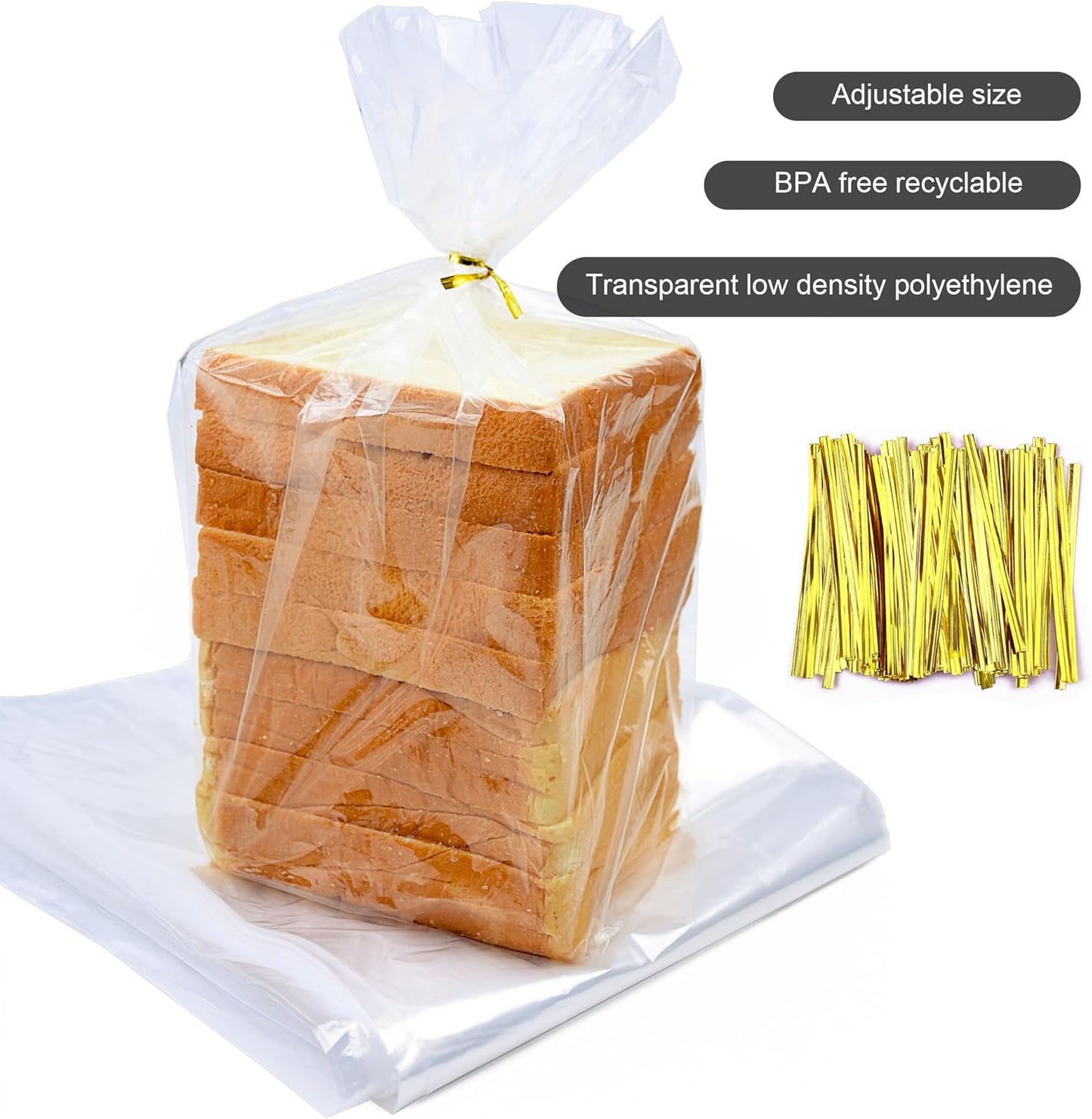 120Pcs Plastic Bread Bags for Homemade Bread and 120 Ties, 18 x 8 x 4 Inch Reusable Clear Loaf Bags, Adjustable, Perfect for Home Bakers and Bakeries (120Pcs)