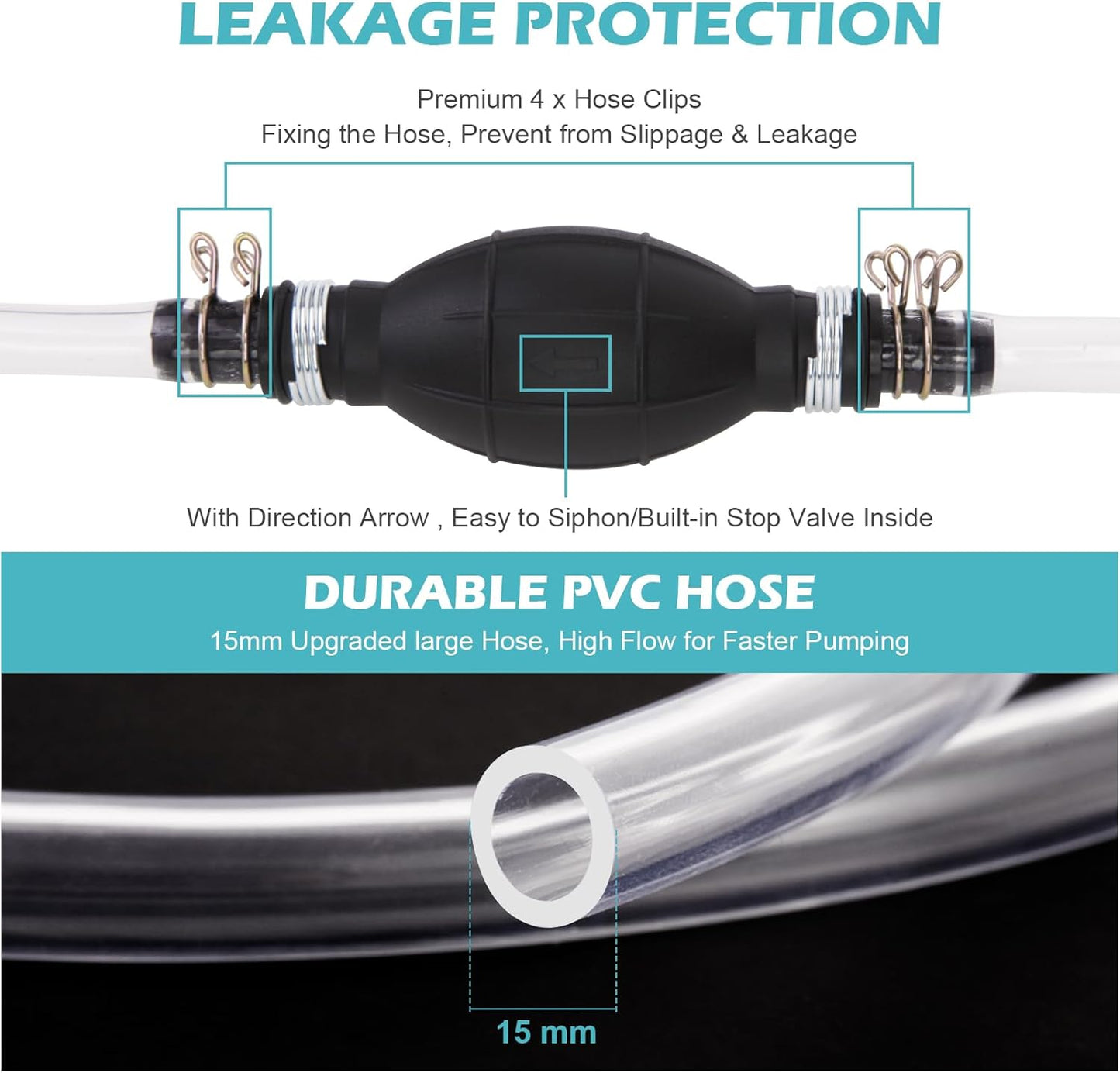 Gas Siphon Hose Pump, Manual Hand Water pump, Gasoline Transfer Pump for water Gas Oil Petrol Diesel, Fuel Siphon Pump with 2 Durable PVC Syphon Hoses, HH016