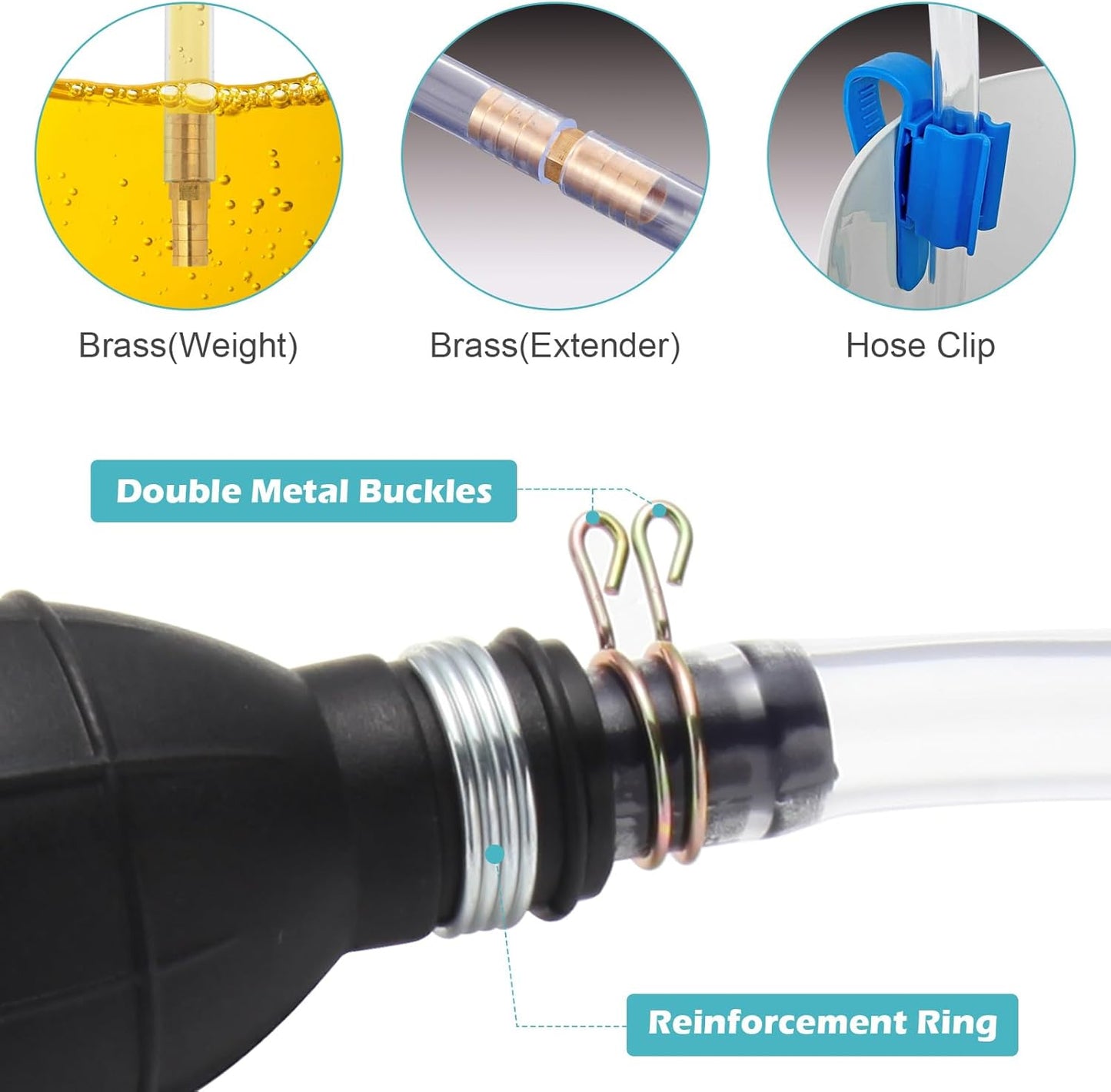 Gas Siphon Hose Pump, Manual Hand Water pump, Gasoline Transfer Pump for water Gas Oil Petrol Diesel, Fuel Siphon Pump with 2 Durable PVC Syphon Hoses, HH016