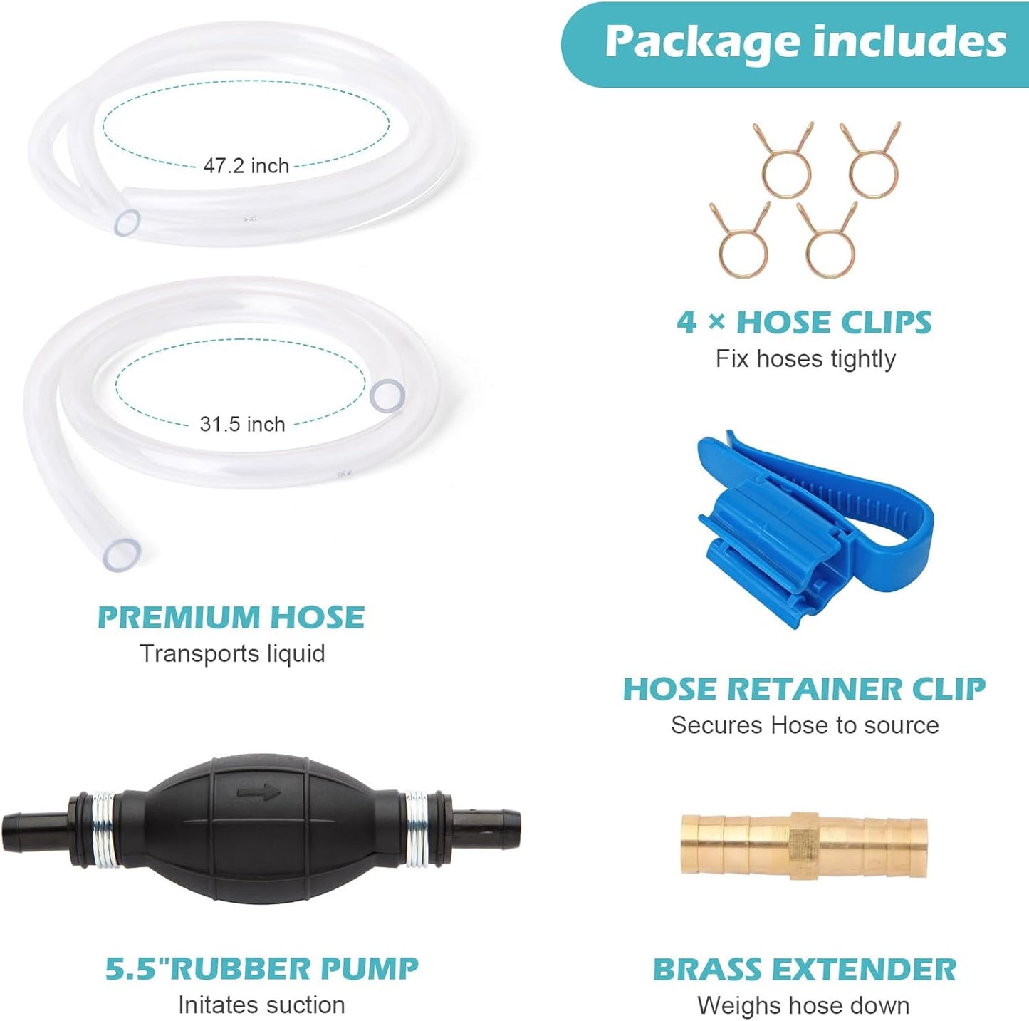 Gas Siphon Hose Pump, Manual Hand Water pump, Gasoline Transfer Pump for water Gas Oil Petrol Diesel, Fuel Siphon Pump with 2 Durable PVC Syphon Hoses, HH016