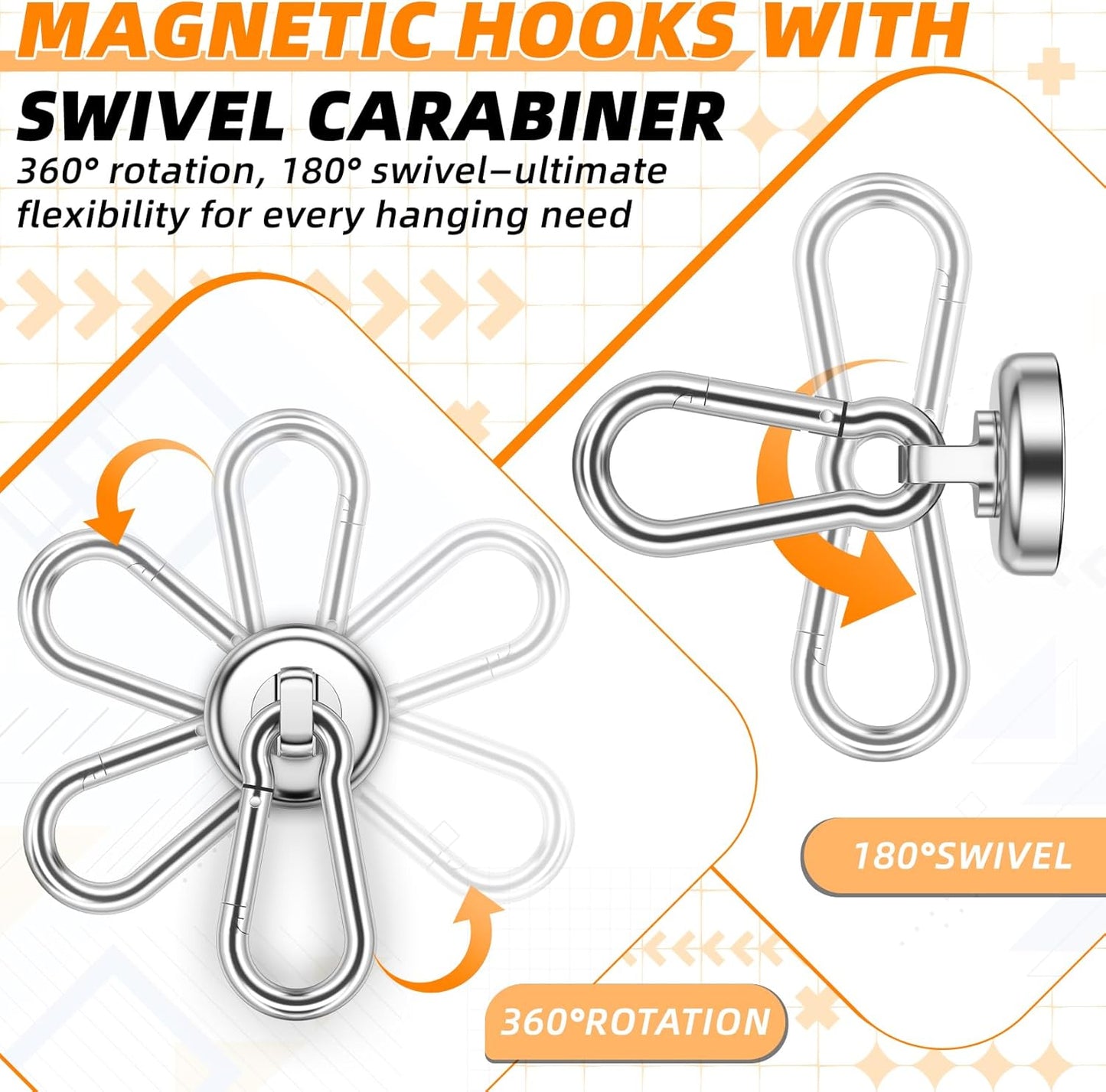 10 Pack Strong Neodymium Magnetic Hooks Heavy Duty with Swivel Carabiner, 70LBS Magnet Hooks for Hanging, Magnet with Hook for Kitchen, Home, Warehouse, School