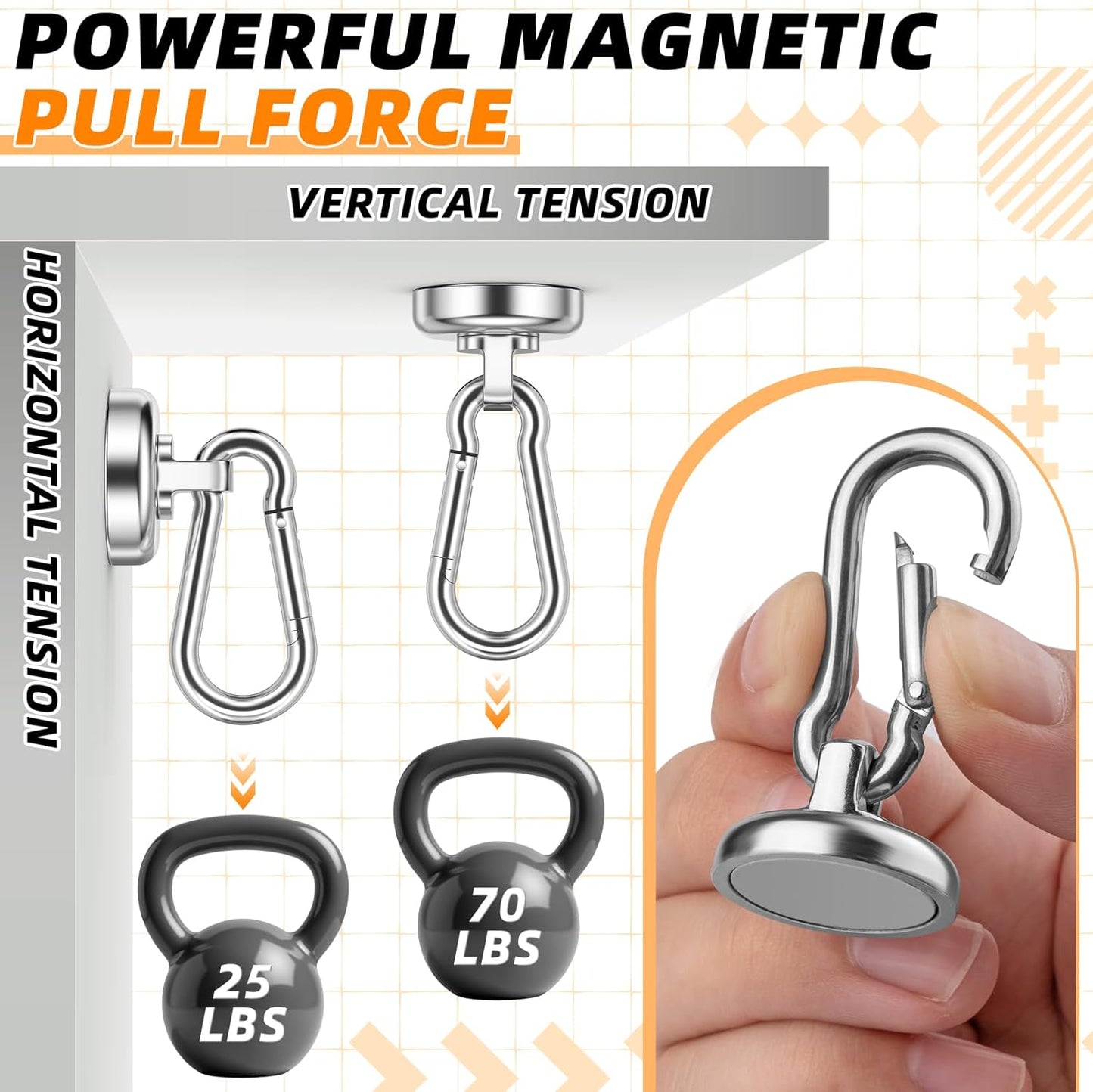10 Pack Strong Neodymium Magnetic Hooks Heavy Duty with Swivel Carabiner, 70LBS Magnet Hooks for Hanging, Magnet with Hook for Kitchen, Home, Warehouse, School