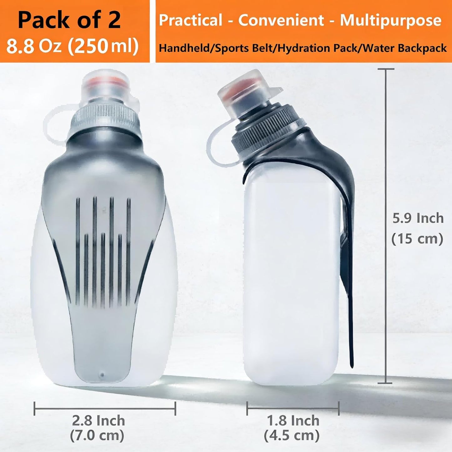 Water Bottle for Running No Bounce Water Bottle with Clip and Cover Cap,BPA-Free Plastic, 8.8oz (250ml) for Running/Marathon/Walking/Hiking/Cycling/Trail/Skiing (2 Pack)