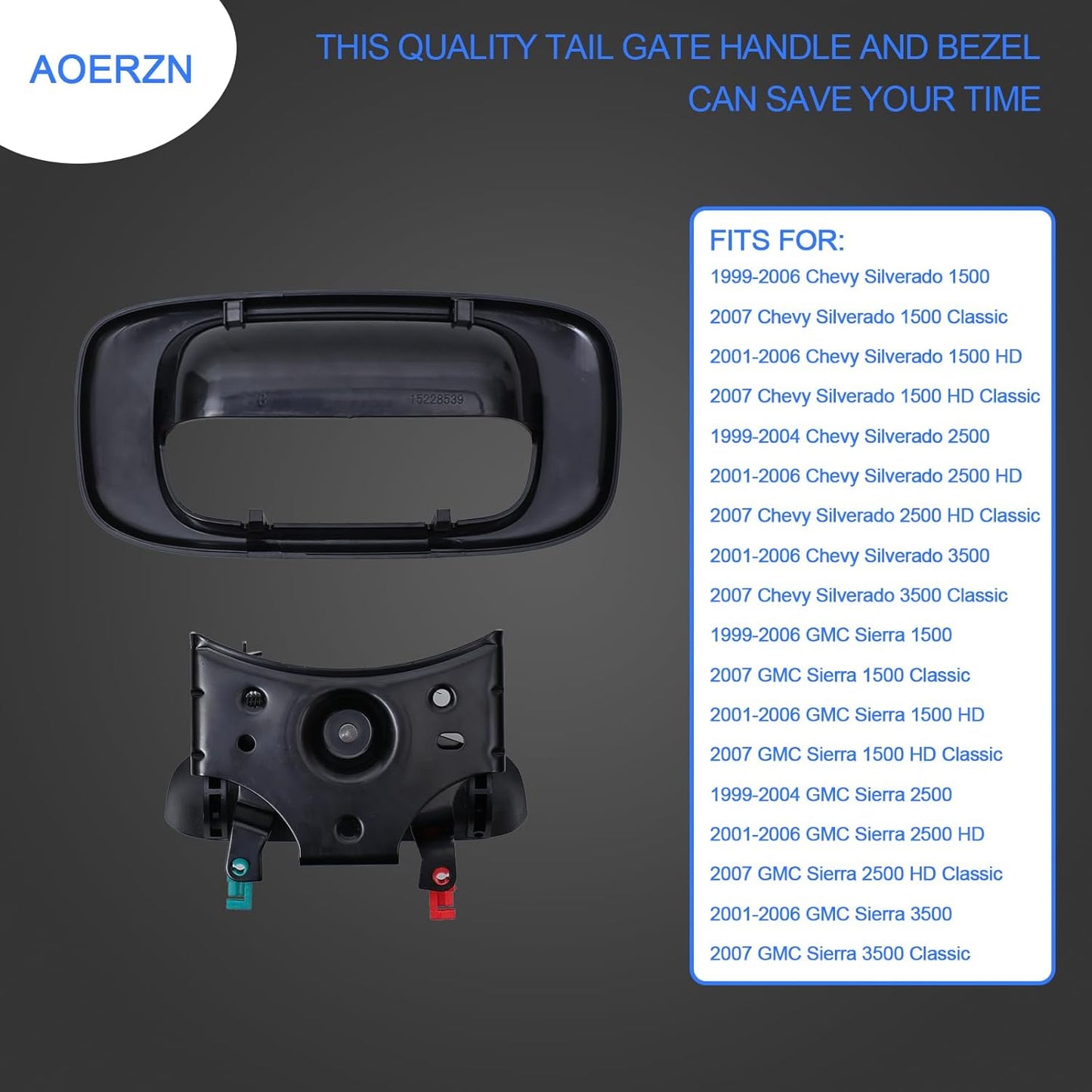 Premium Tailgate Handle Latch and Bezel Trim with Rod Clips, Fits for 1999-2007 Chevy Silverado GMC Sierra 1500 2500 3500, Replaces# 15997911, 15228539, 15228540, 15228541