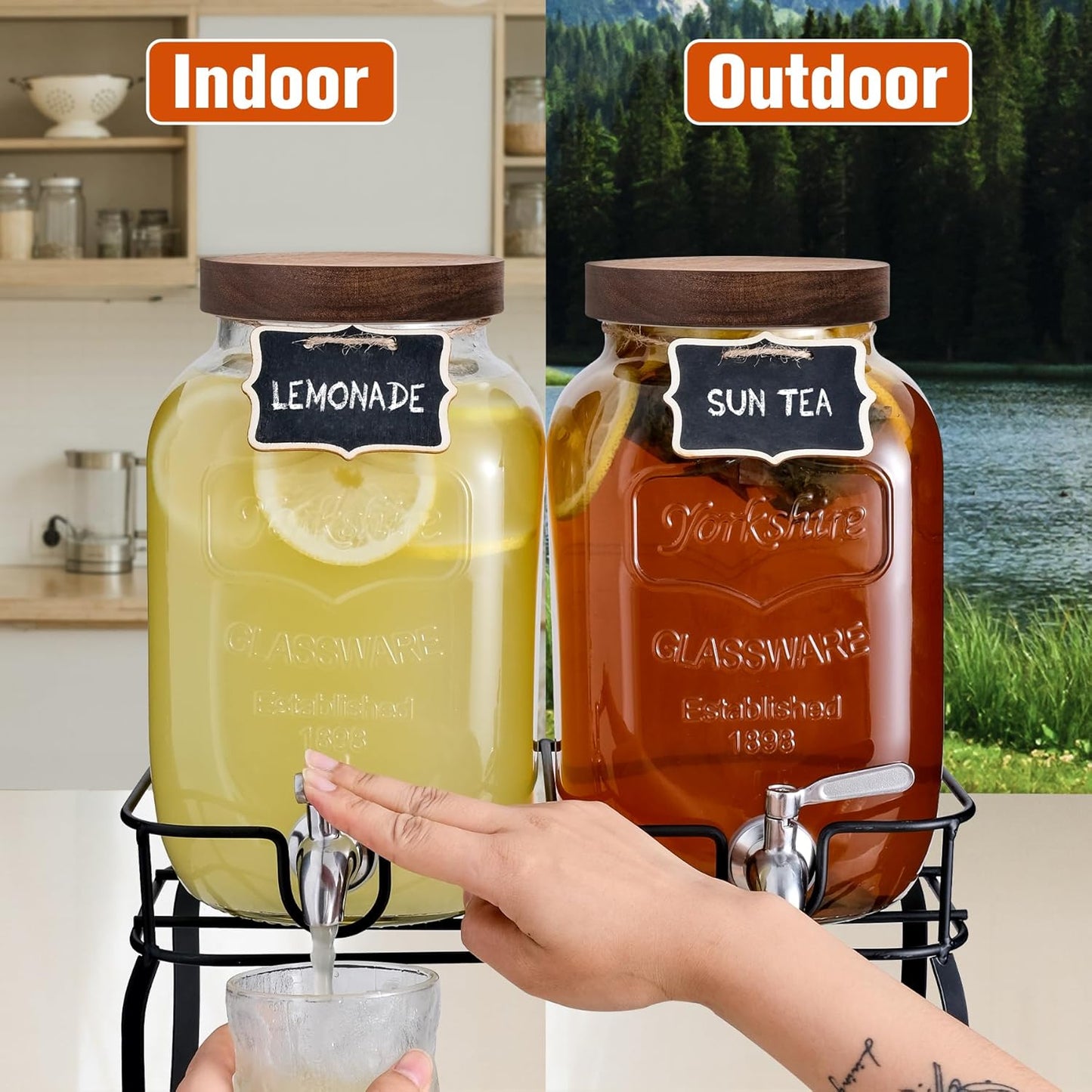 Glass Drink Dispenser for Parties, 1 Gallon Beverage Dispenser with Stand and Spigot Solid Stainless Steel, Used as Lemonade Dispenser Sun Tea Jar Kombucha Jar, Set of 2