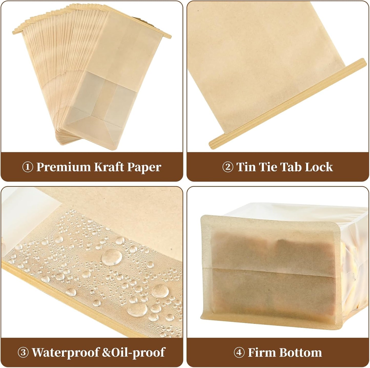 50 PCS Bread Bags for Homemade Breads, 11 x 5.1 x 3.9 Inches Bakery Bags with Tin Tie Tab Lock, Cookie Bags with Window for Pastry Bagel Packaging